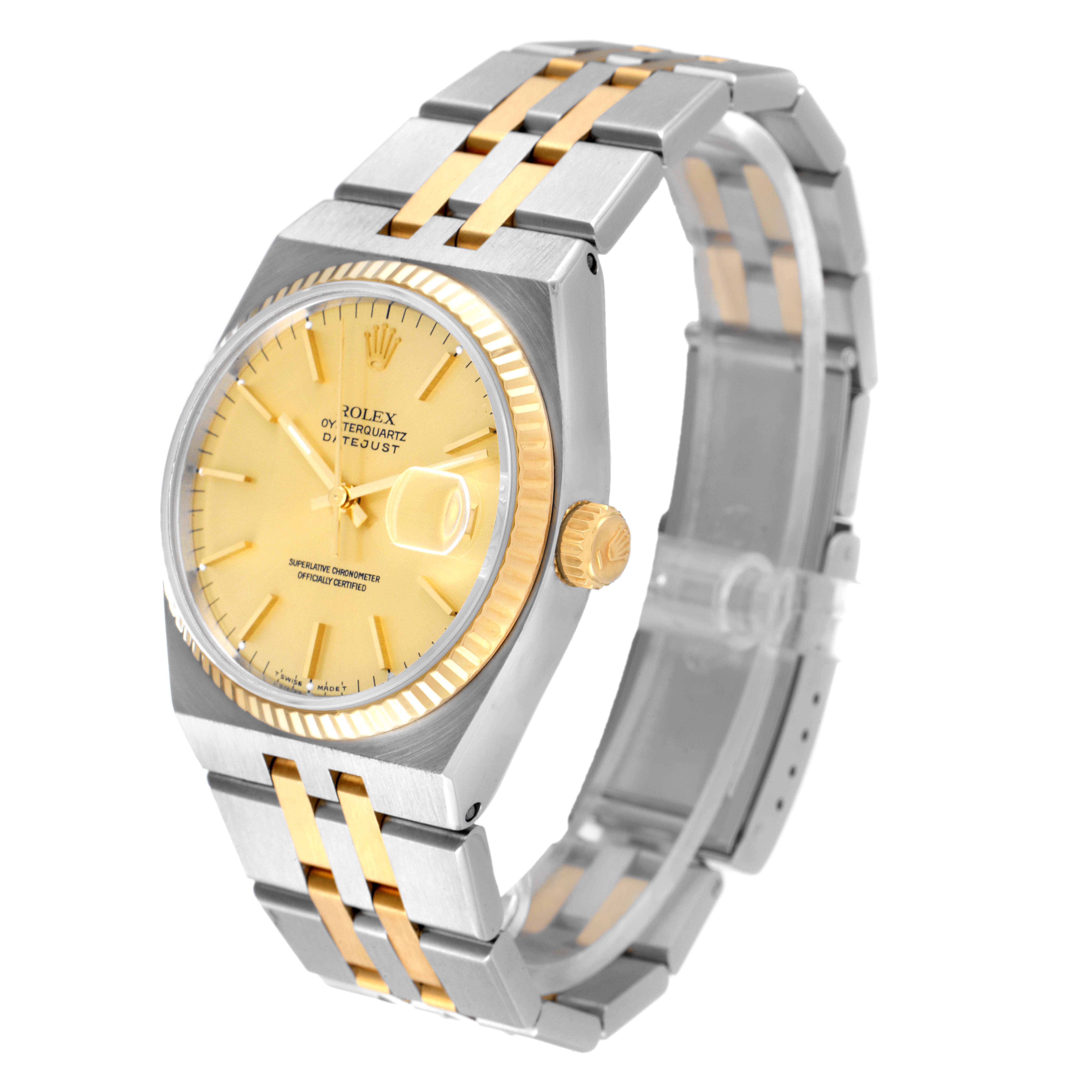 The Rolex Oysterquartz 17013 Men's Steel and Gold (two tone) Champagne Dial 17013 Men's Steel and Gold (two tone) Champagne Dial watch is shown at a three-quarter angle, highlighting the dial, bezel, case, crown, and bracelet.