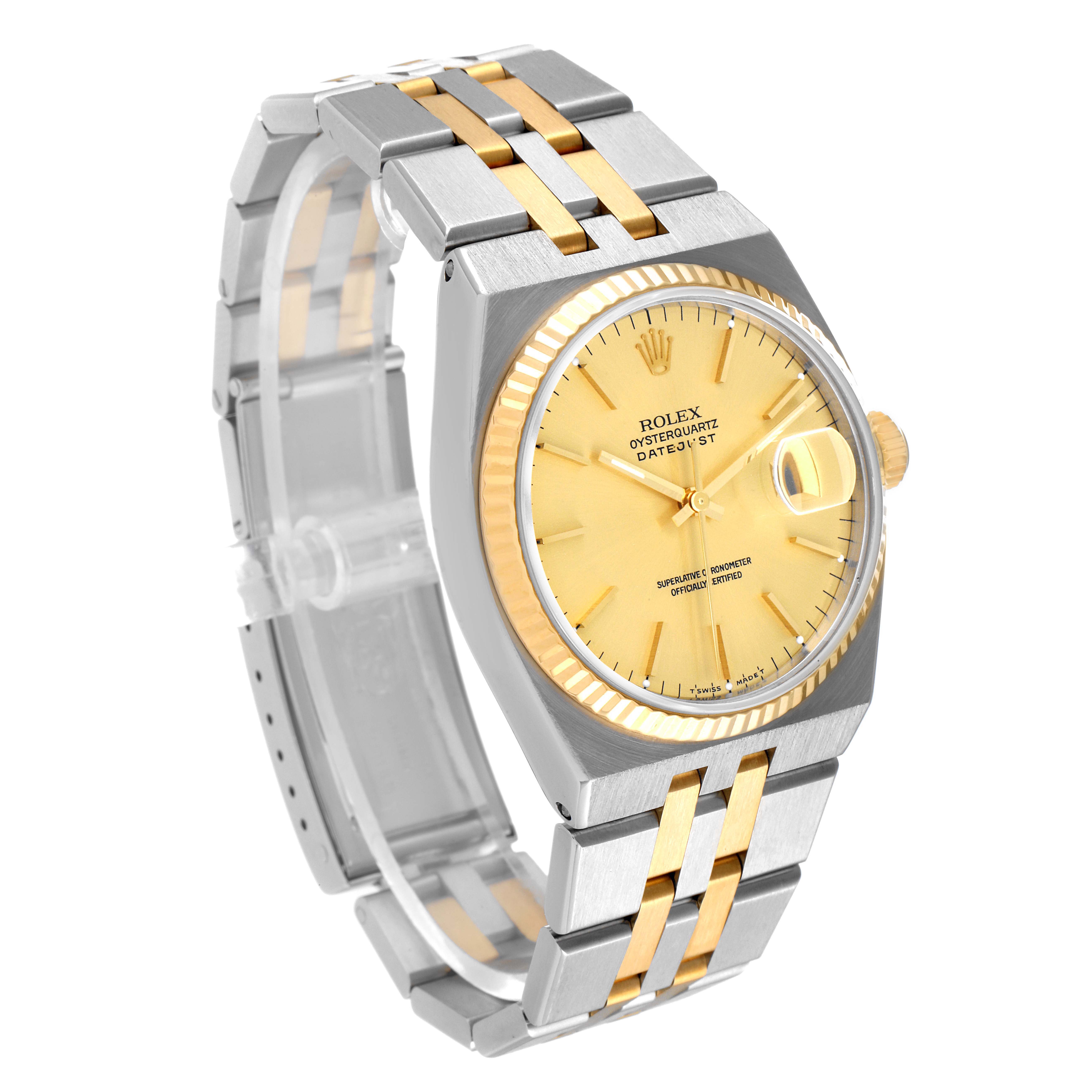The image shows a Rolex Oysterquartz 17013 Men's Steel and Gold (two tone) Champagne Dial 17013 Men's Steel and Gold (two tone) Champagne Dial watch angled from the front-right, displaying the face, bracelet, and clasp.