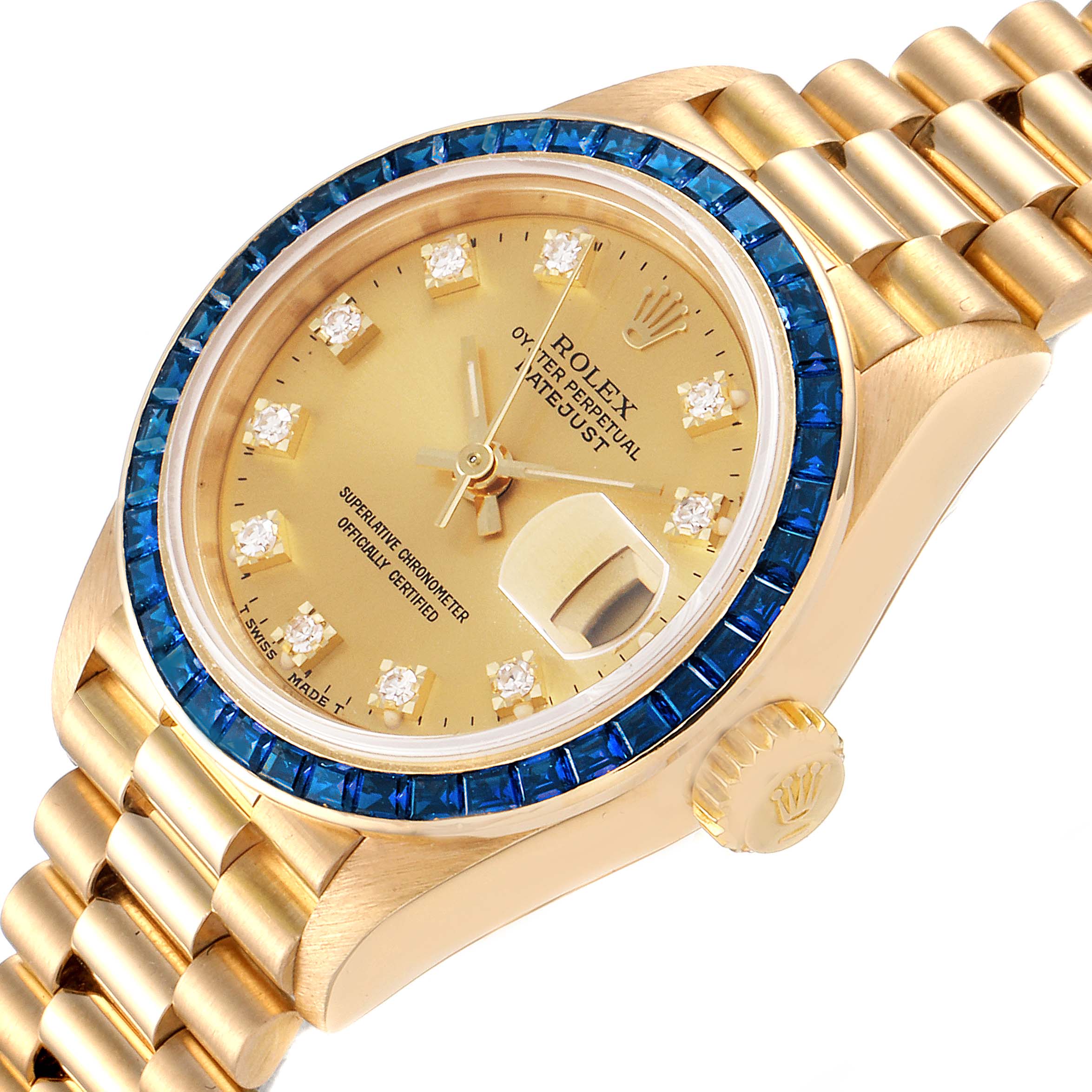 The image shows a Rolex President 69118 Women's Yellow Gold Champagne Dial 69118 Women's Yellow Gold Champagne Dial model watch at an angled close-up, highlighting its gold case, blue bezel, and diamond hour markers.