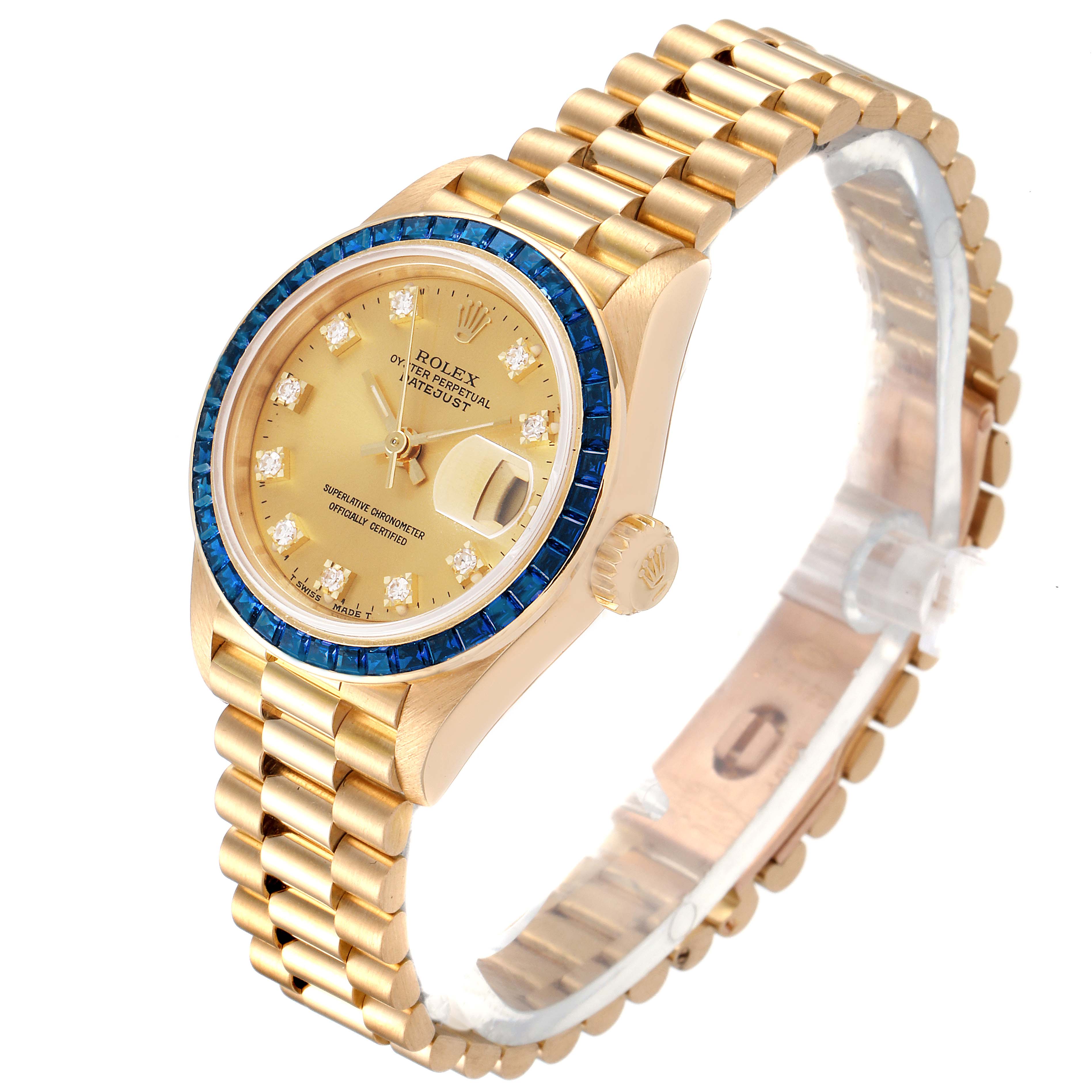 The Rolex President 69118 Women's Yellow Gold Champagne Dial 69118 Women's Yellow Gold Champagne Dial model watch is shown at an angle highlighting the case, dial, bezel, bracelet, and crown.