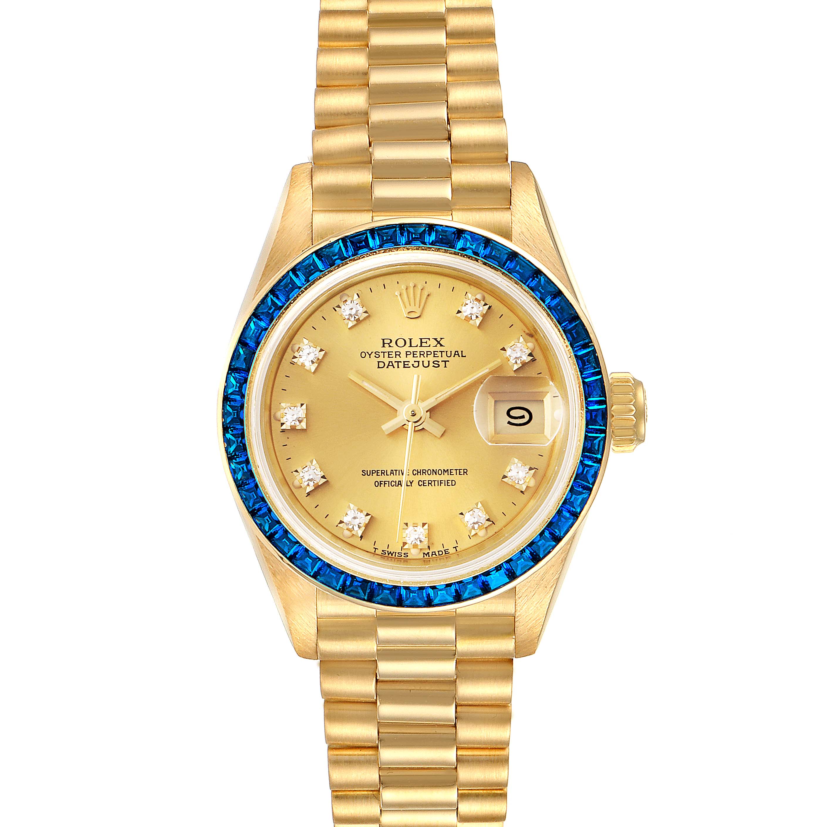 This image shows the face, bezel, and bracelet of a Rolex President 69118 Women's Yellow Gold Champagne Dial 69118 Women's Yellow Gold Champagne Dial Datejust watch, captured from a straight-on angle.