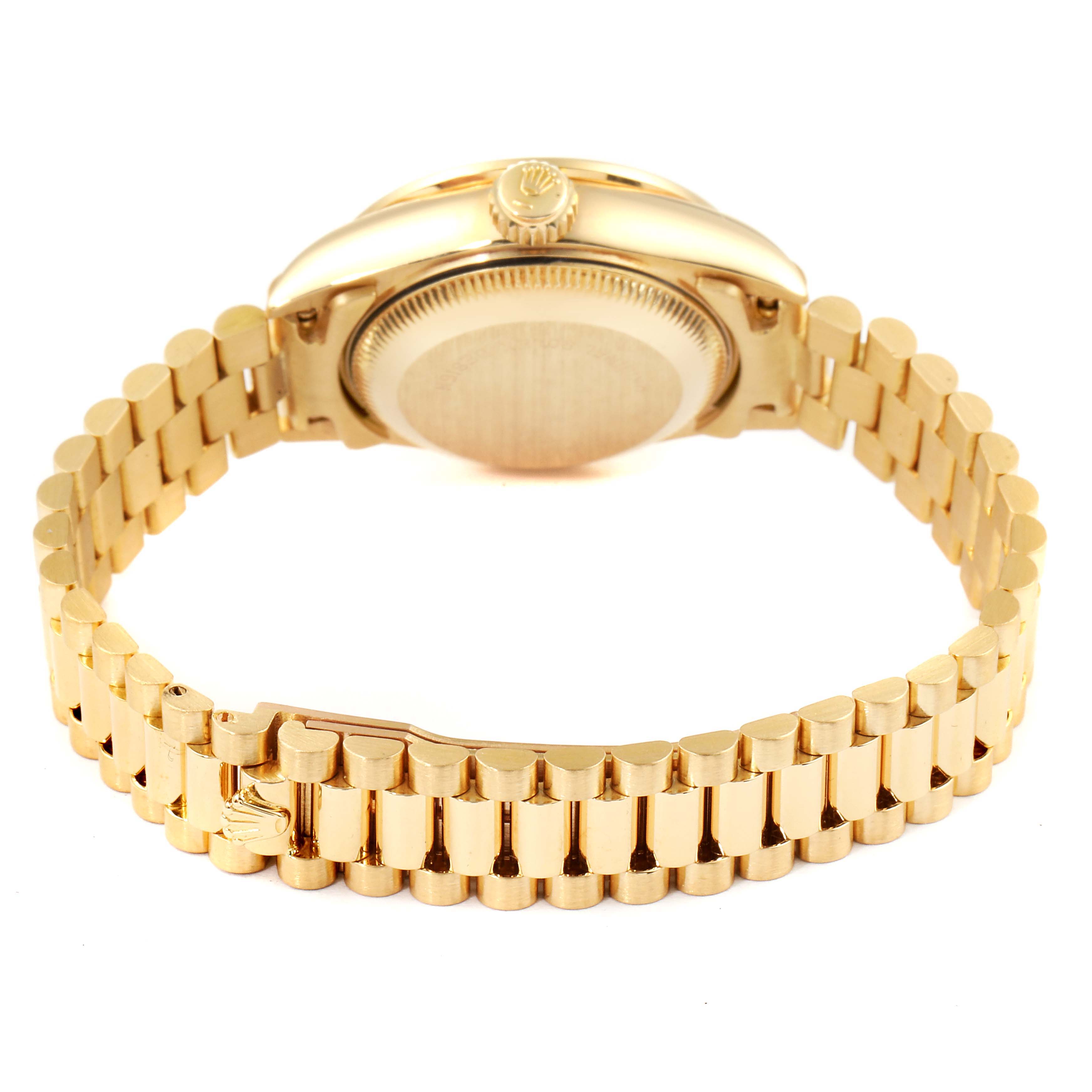 The image shows the back and bracelet of a Rolex President 69118 Women's Yellow Gold Champagne Dial 69118 Women's Yellow Gold Champagne Dial model watch, highlighting its gold case and clasp.