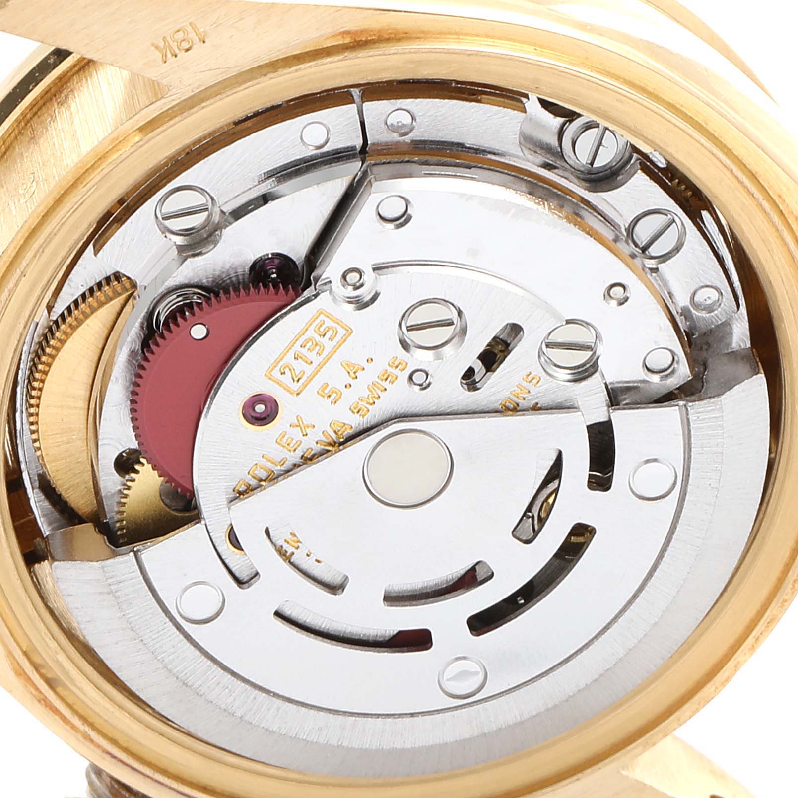This image shows a close-up view of the internal mechanical components of a Rolex President 69118 Women's Yellow Gold Champagne Dial 69118 Women's Yellow Gold Champagne Dial model watch.