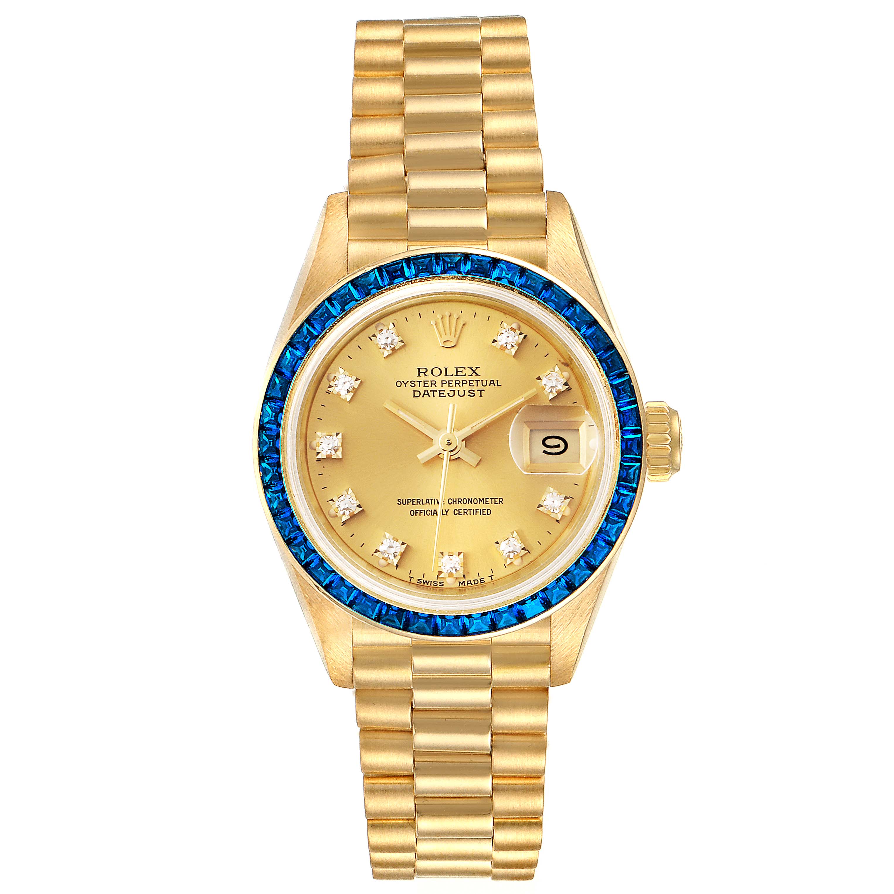 The Rolex President 69118 Women's Yellow Gold Champagne Dial 69118 Women's Yellow Gold Champagne Dial model watch is shown from a front angle, showcasing its face, date function, and bracelet.