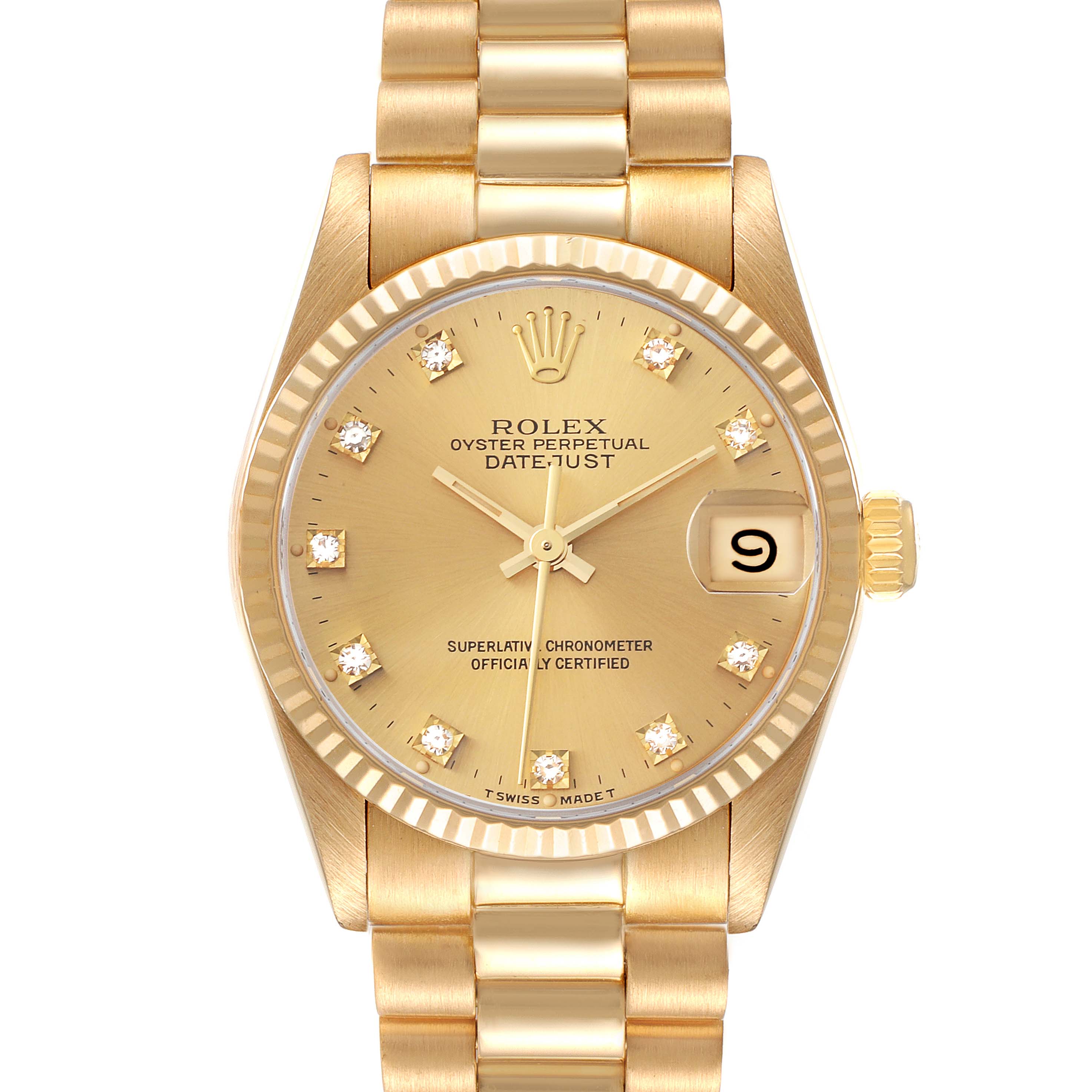 The image shows a full front angle of a Rolex President 68278 Women
s Yellow Gold Champagne Dial 68278 Women
s Yellow Gold Champagne Dial model watch, featuring a gold dial, fluted bezel, and President bracelet.