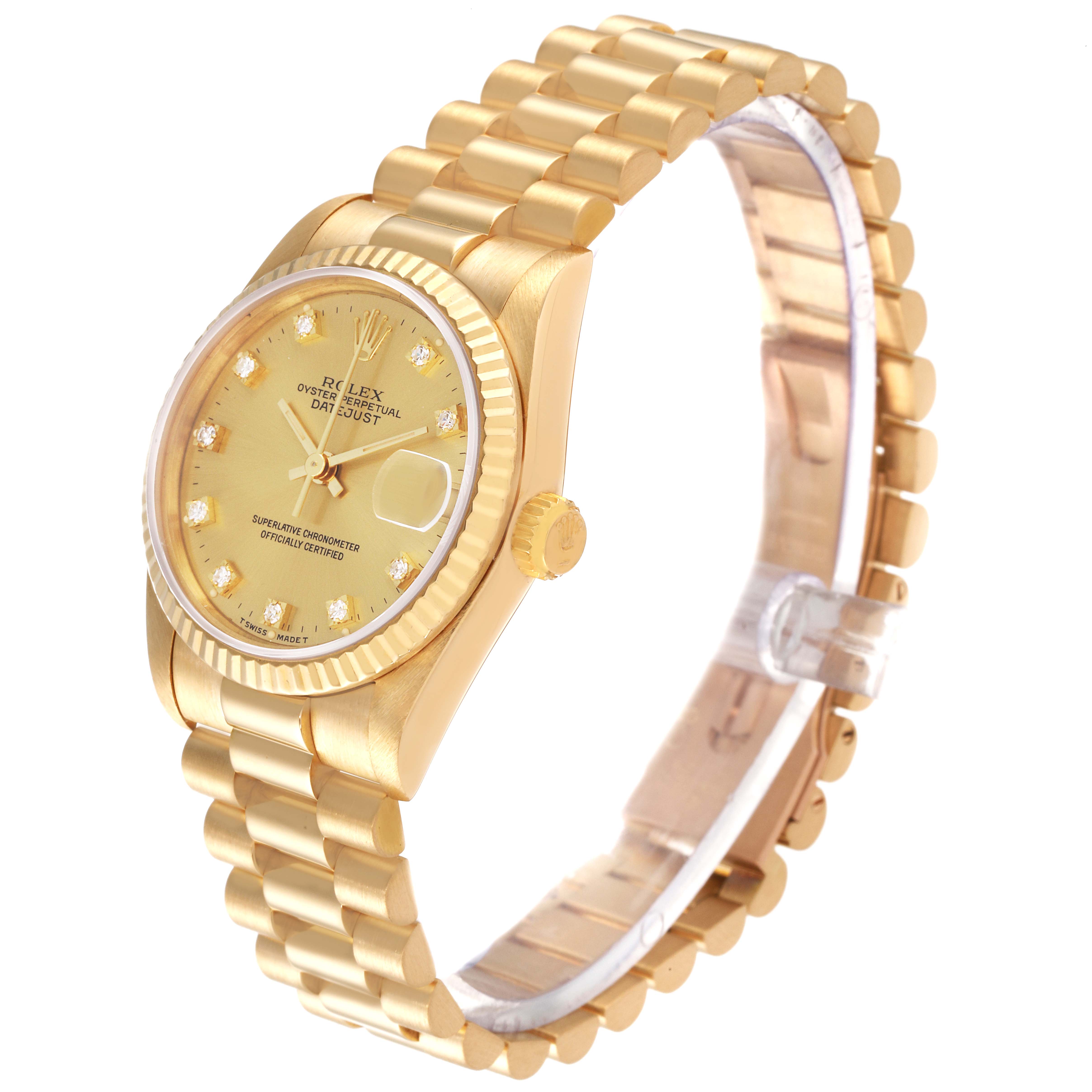 The Rolex President 68278 Women
s Yellow Gold Champagne Dial 68278 Women
s Yellow Gold Champagne Dial model watch is shown at a three-quarter angle, displaying the face, crown, and part of the bracelet.