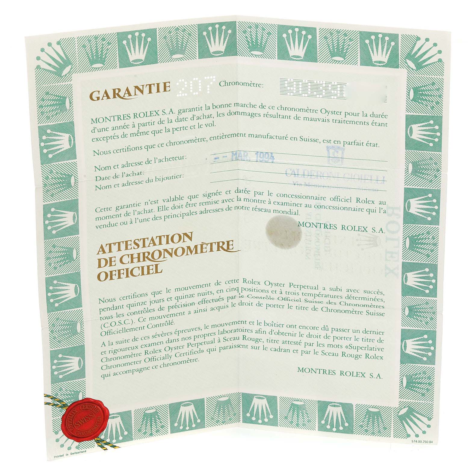 The image shows a warranty certificate angled slightly to the left for a Rolex President 68278 Women
s Yellow Gold Champagne Dial 68278 Women
s Yellow Gold Champagne Dial model watch.