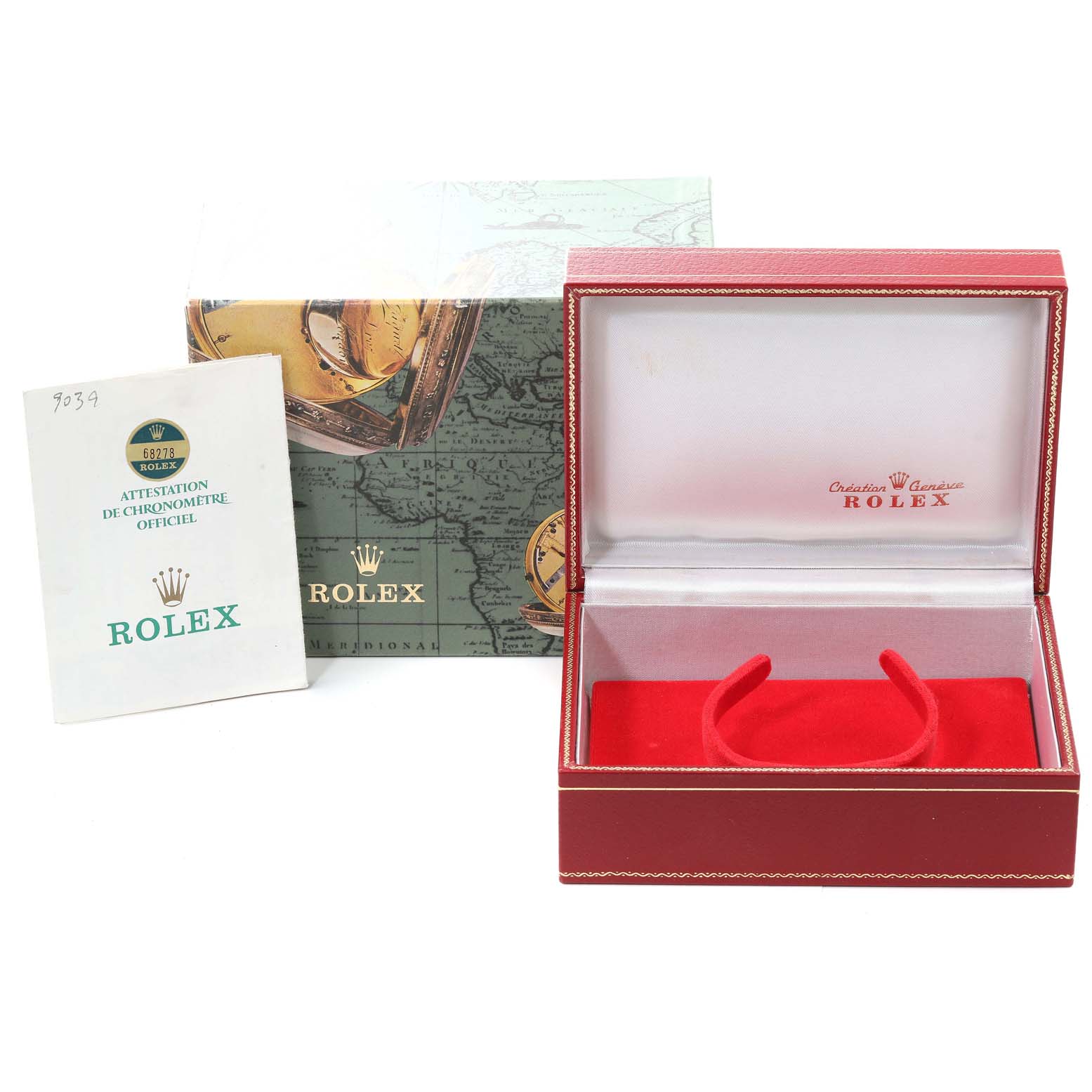 The image shows the packaging, certificate, and open interior box with a holder for a Rolex President 68278 Women
s Yellow Gold Champagne Dial 68278 Women
s Yellow Gold Champagne Dial model watch.