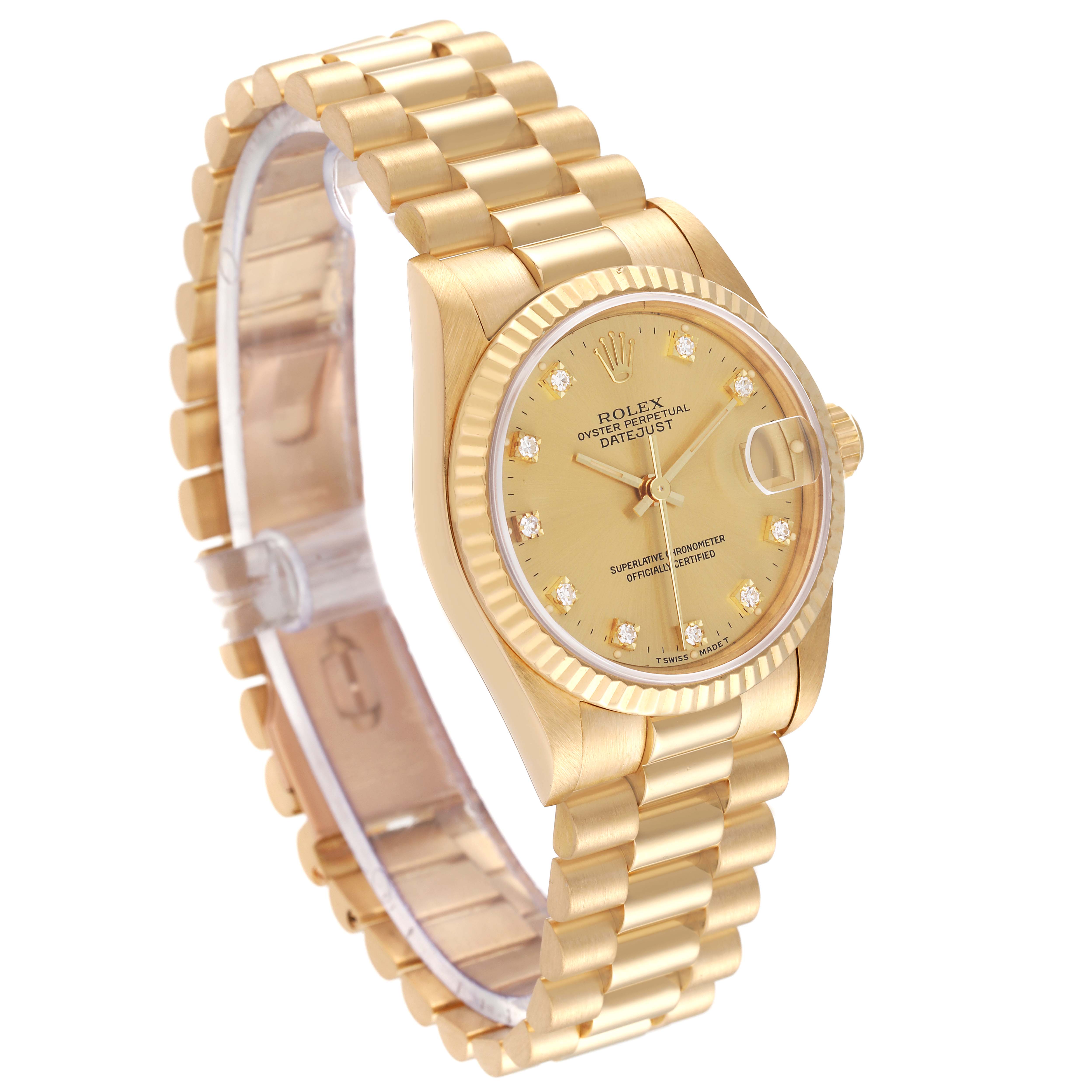 The image shows a side angle of a Rolex President 68278 Women
s Yellow Gold Champagne Dial 68278 Women
s Yellow Gold Champagne Dial model watch, highlighting the gold band, bezel, and face with diamond hour markers.