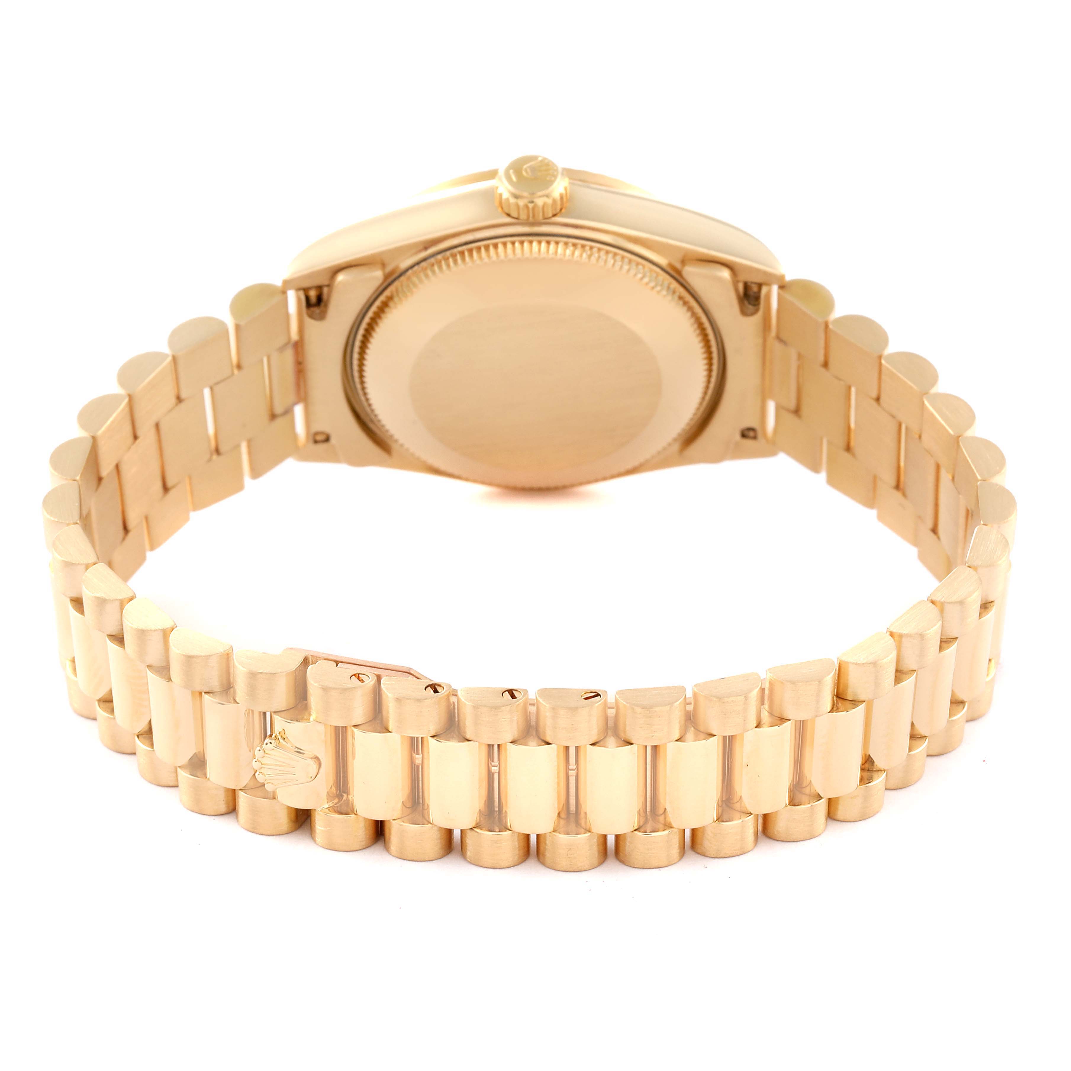 The image shows the back case and bracelet of a Rolex President 68278 Women
s Yellow Gold Champagne Dial 68278 Women
s Yellow Gold Champagne Dial model watch, viewed from the rear.