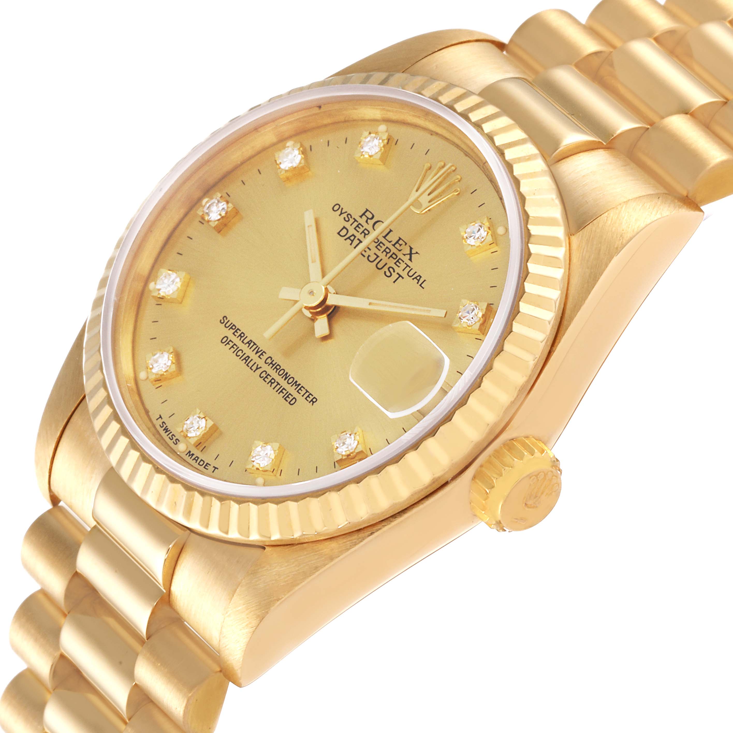 This Rolex President 68278 Women
s Yellow Gold Champagne Dial 68278 Women
s Yellow Gold Champagne Dial model watch is shown from a three-quarter angle, highlighting its gold dial, fluted bezel, and bracelet.