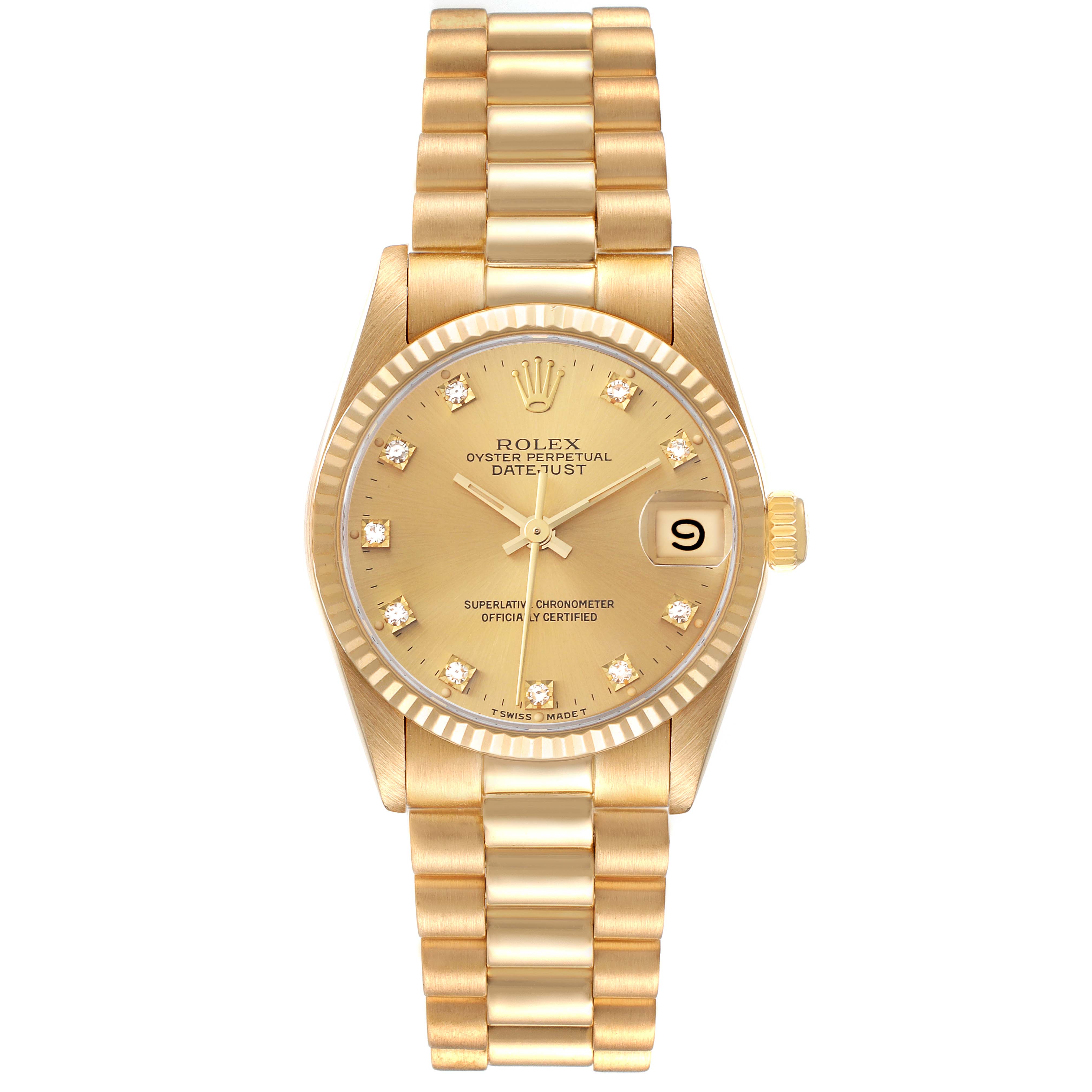 The image shows a front view of a Rolex President 68278 Women
s Yellow Gold Champagne Dial 68278 Women
s Yellow Gold Champagne Dial model watch, featuring its dial, bracelet, and date window.