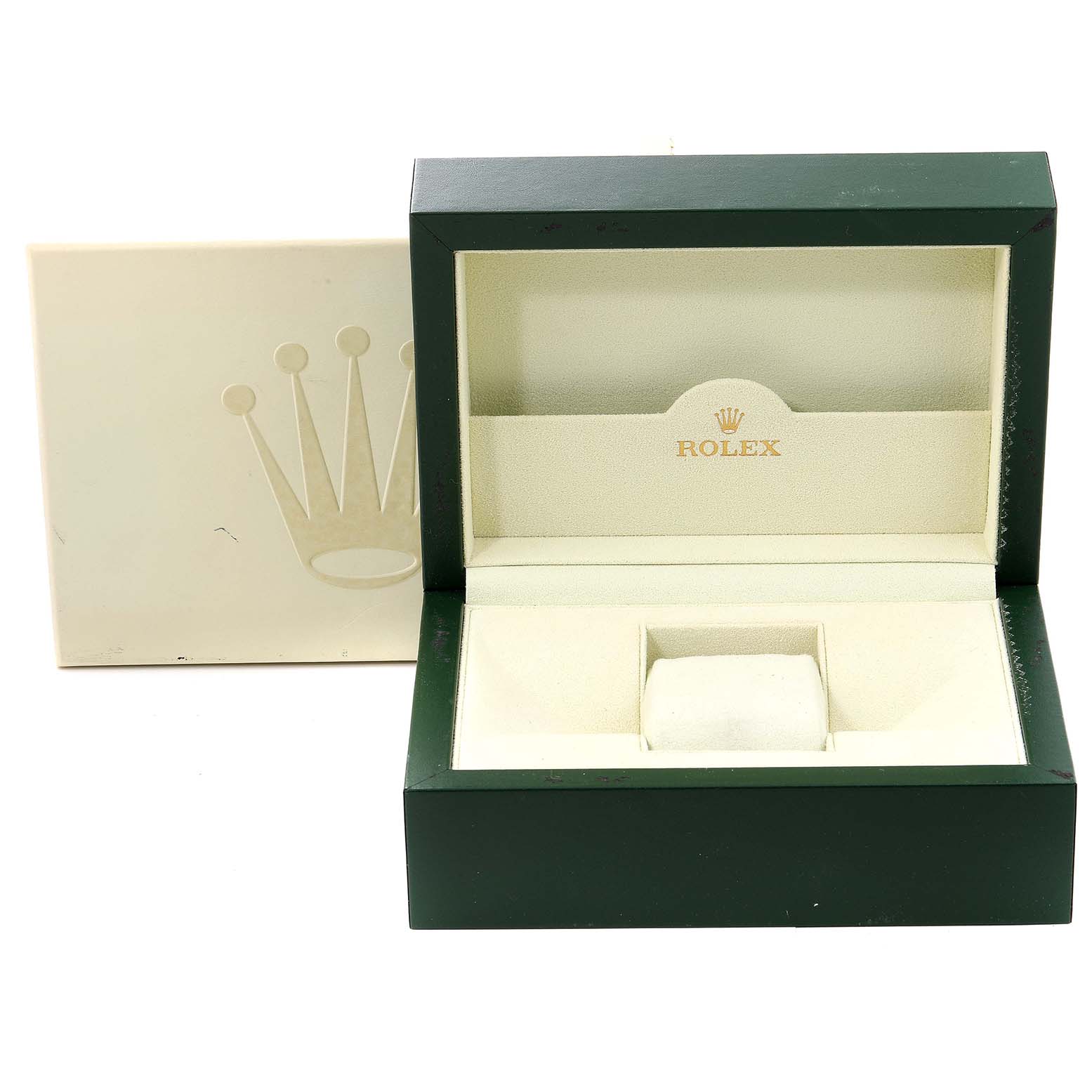 The image shows an open green and beige Rolex watch box for the Submariner model, with a white outer cover in the background.