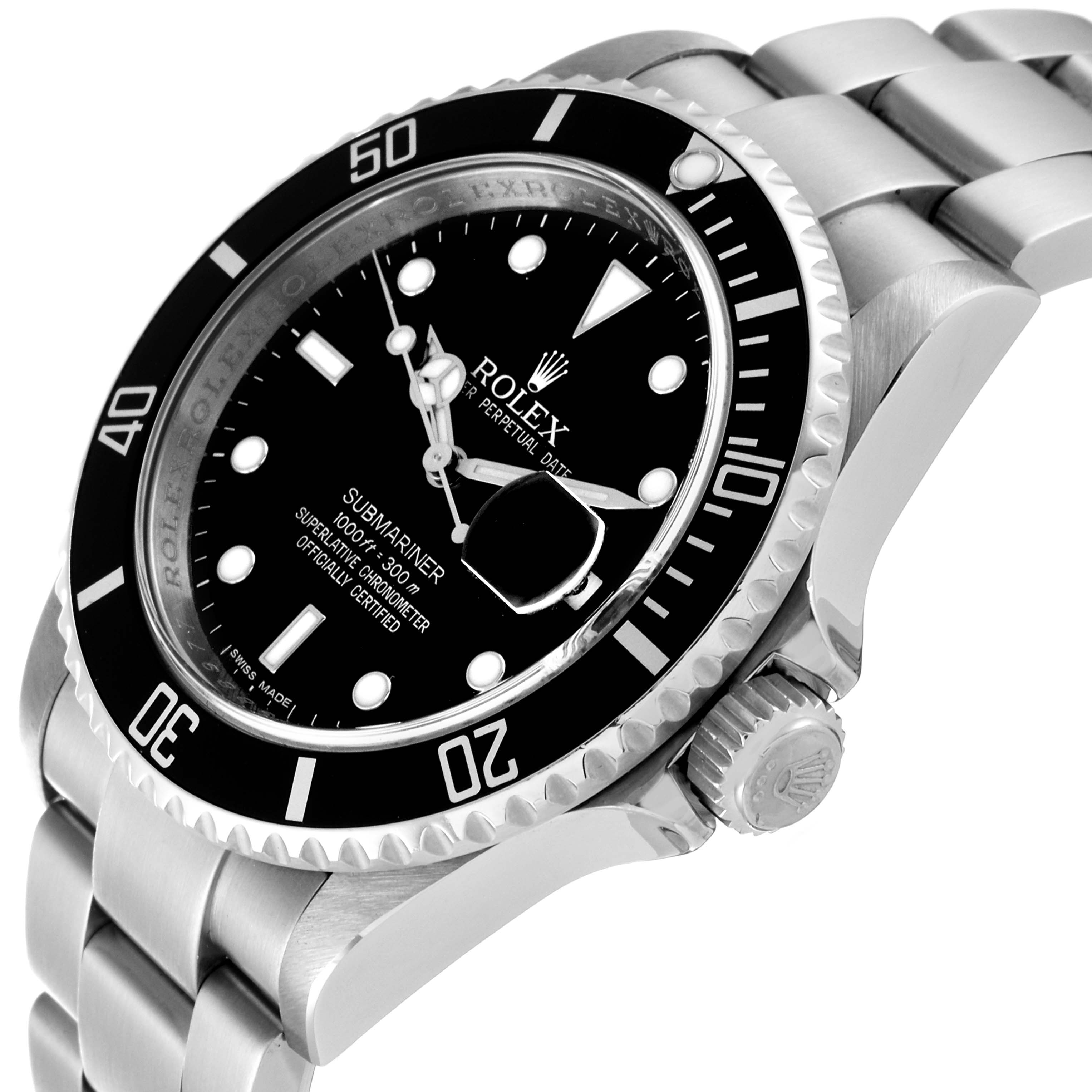 The Rolex Submariner 16610 Men
s Stainless Steel Black Dial 16610 Men
s Stainless Steel Black Dial watch is shown at an angle highlighting the face, bezel, crown, and part of the band.
