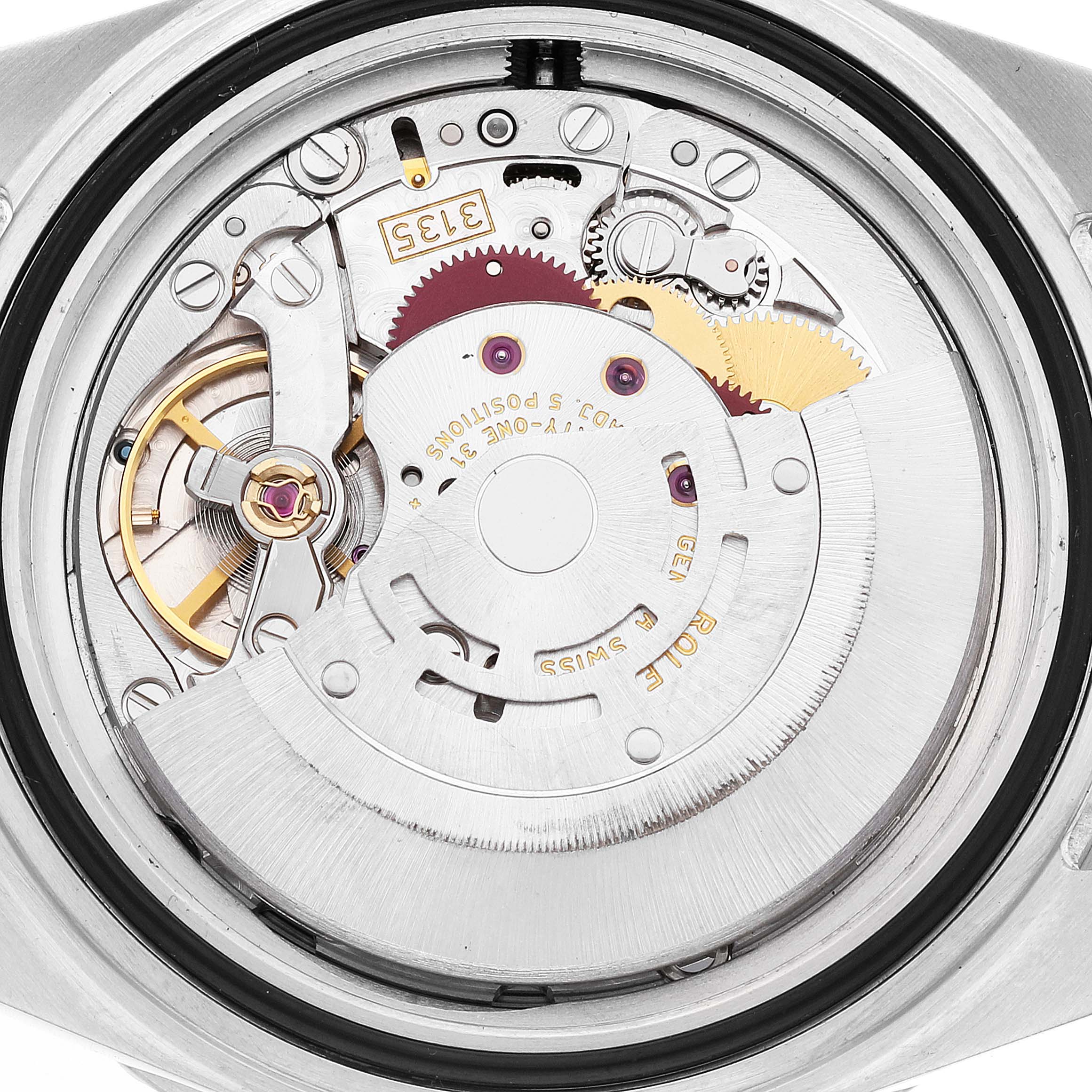 The image shows the internal mechanism of a Rolex Submariner 16610 Men
s Stainless Steel Black Dial 16610 Men
s Stainless Steel Black Dial watch, focusing on the movement and gear assembly.