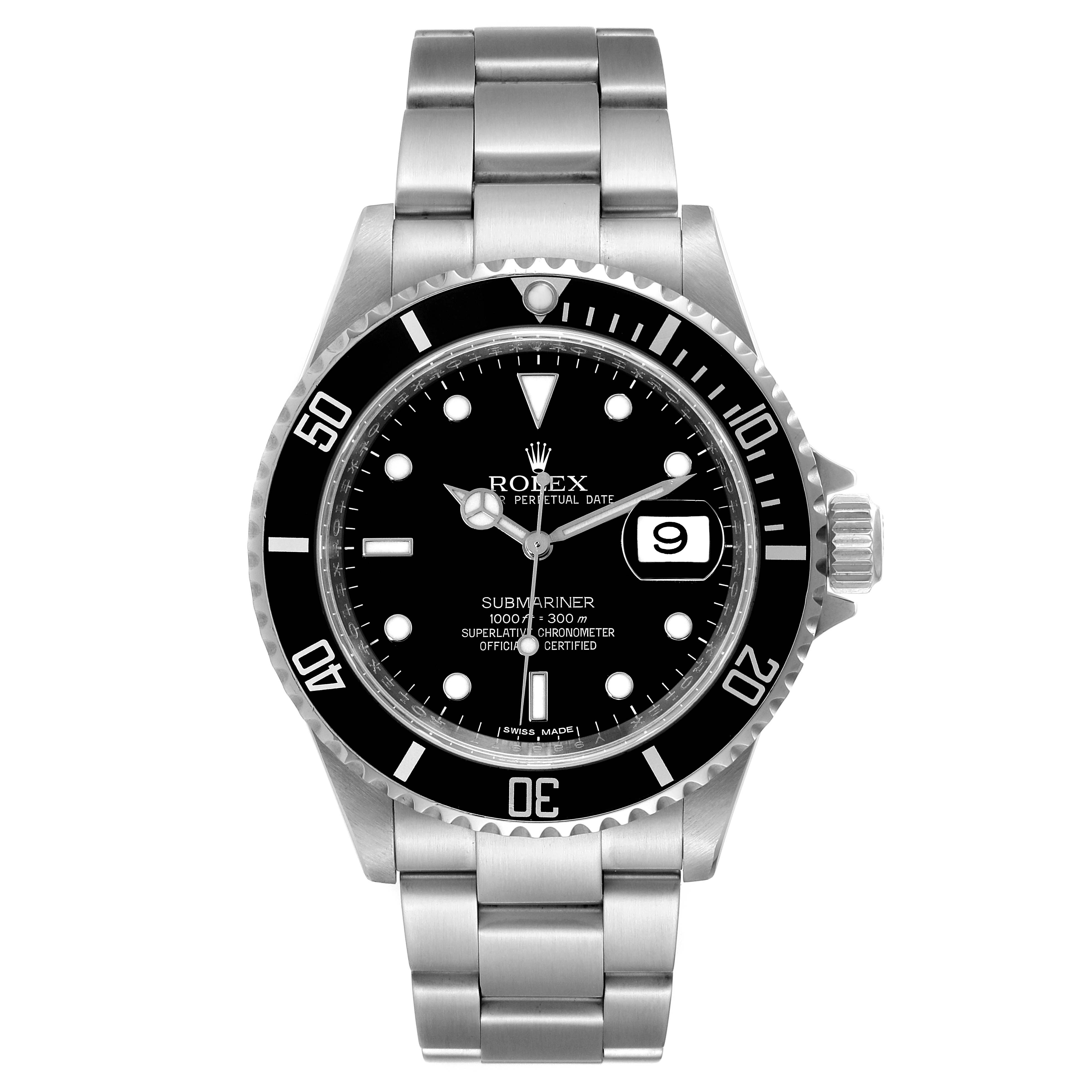 The image shows a front view of a Rolex Submariner 16610 Men
s Stainless Steel Black Dial 16610 Men
s Stainless Steel Black Dial watch, featuring the dial, bezel, crown, and stainless steel bracelet.