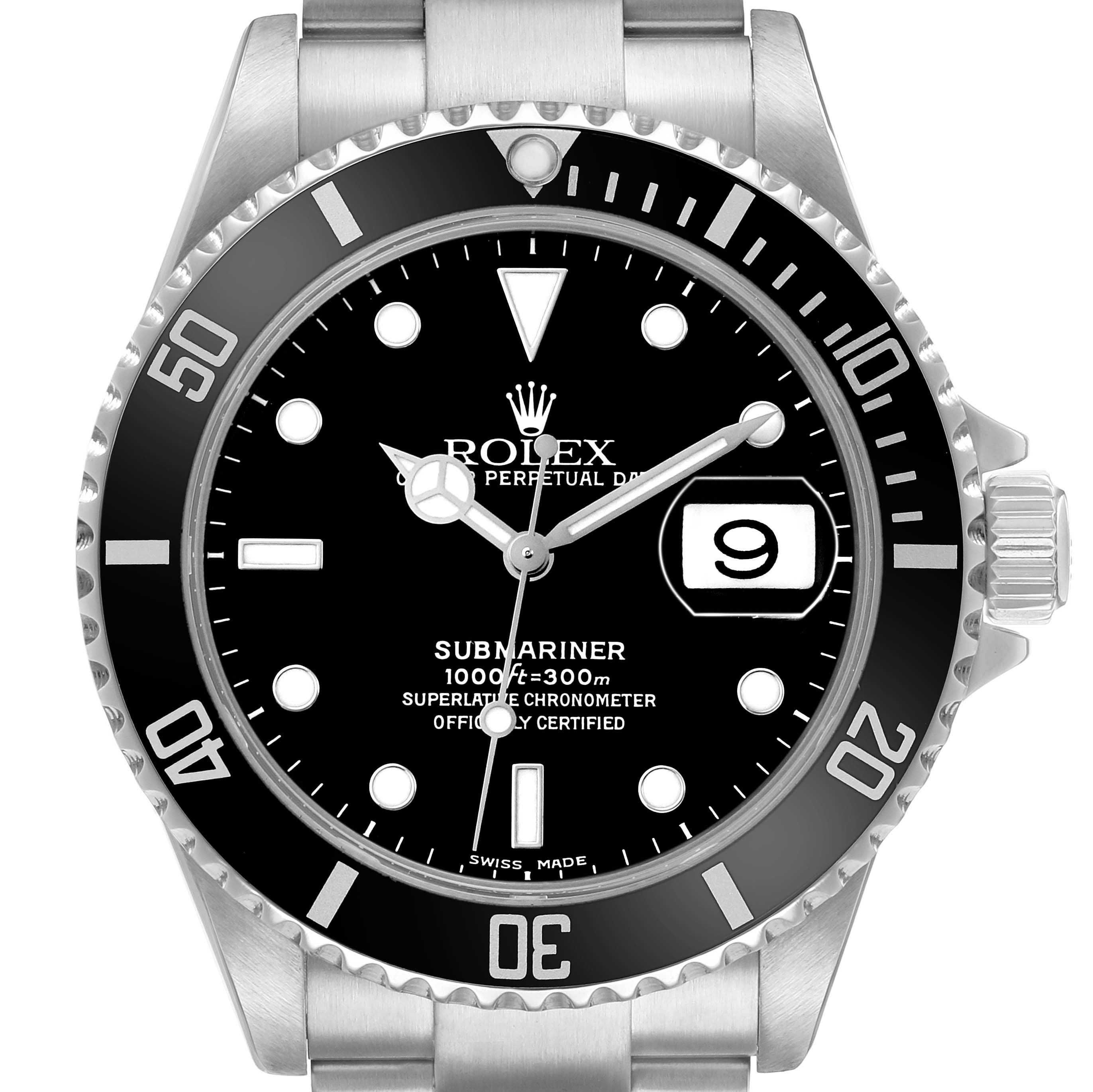 The Rolex Submariner 16610 Men's Stainless Steel Black Dial watch is shown from a front angle, displaying its bezel, dial, hands, date window, and part of the bracelet.