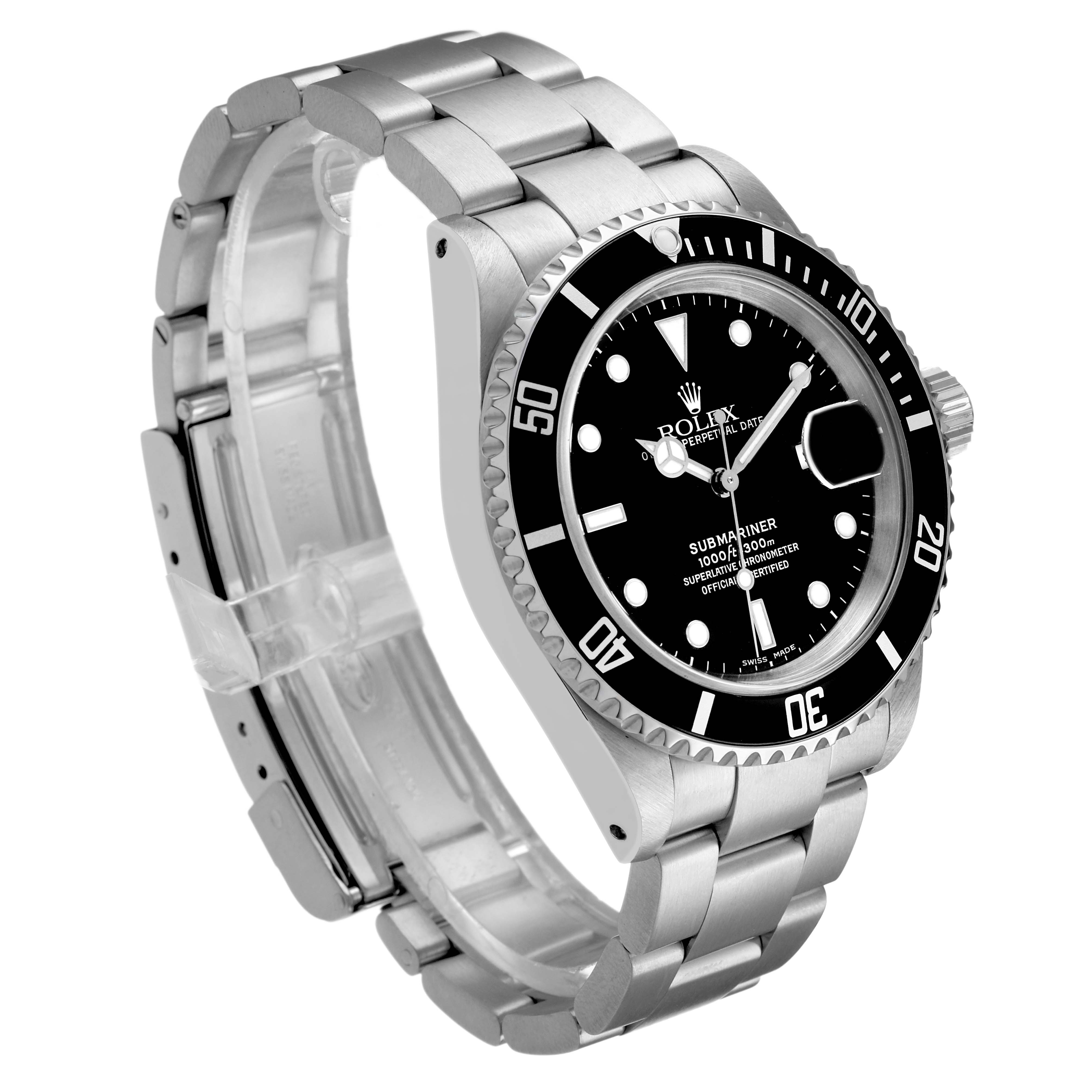 The Rolex Submariner 16610 Men's Stainless Steel Black Dial is shown from a three-quarter angle, highlighting the black dial, bezel, case, and bracelet.