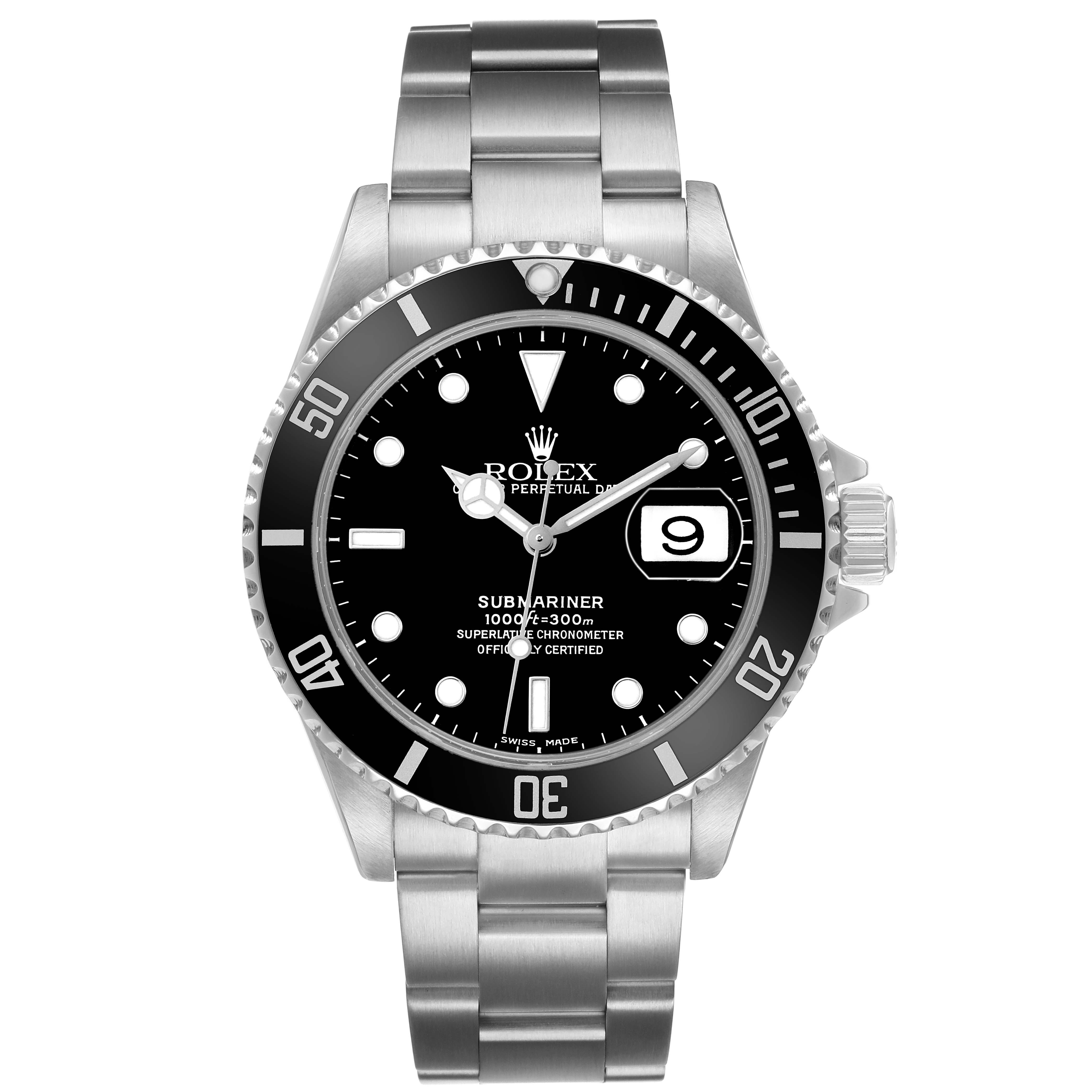 The Rolex Submariner 16610 Men's Stainless Steel Black Dial watch is shown from a front view, displaying the face, bezel, crown, and bracelet.