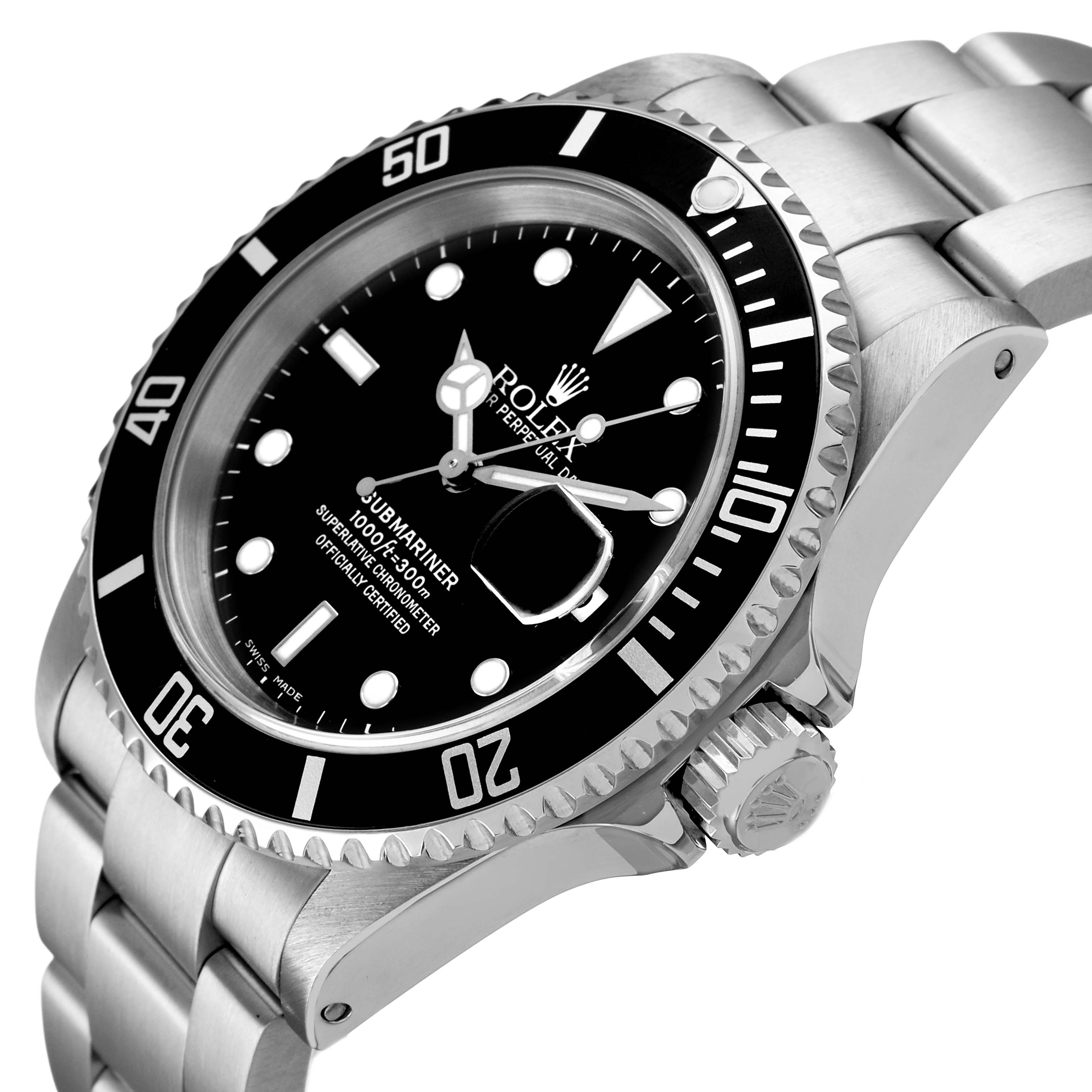 The Rolex Submariner 16610 Men's Stainless Steel Black Dial watch is shown at an angle displaying the bezel, dial, cyclops lens, crown, and bracelet.