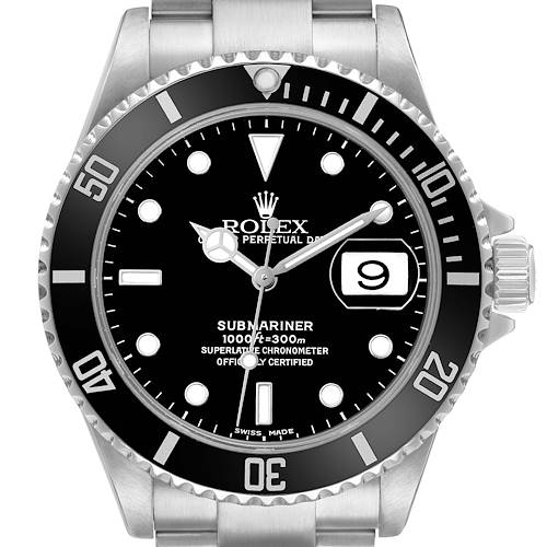 The Rolex Submariner 16610 Men's Stainless Steel Black Dial watch is shown from a frontal angle, displaying its dial, bezel, and part of the bracelet.