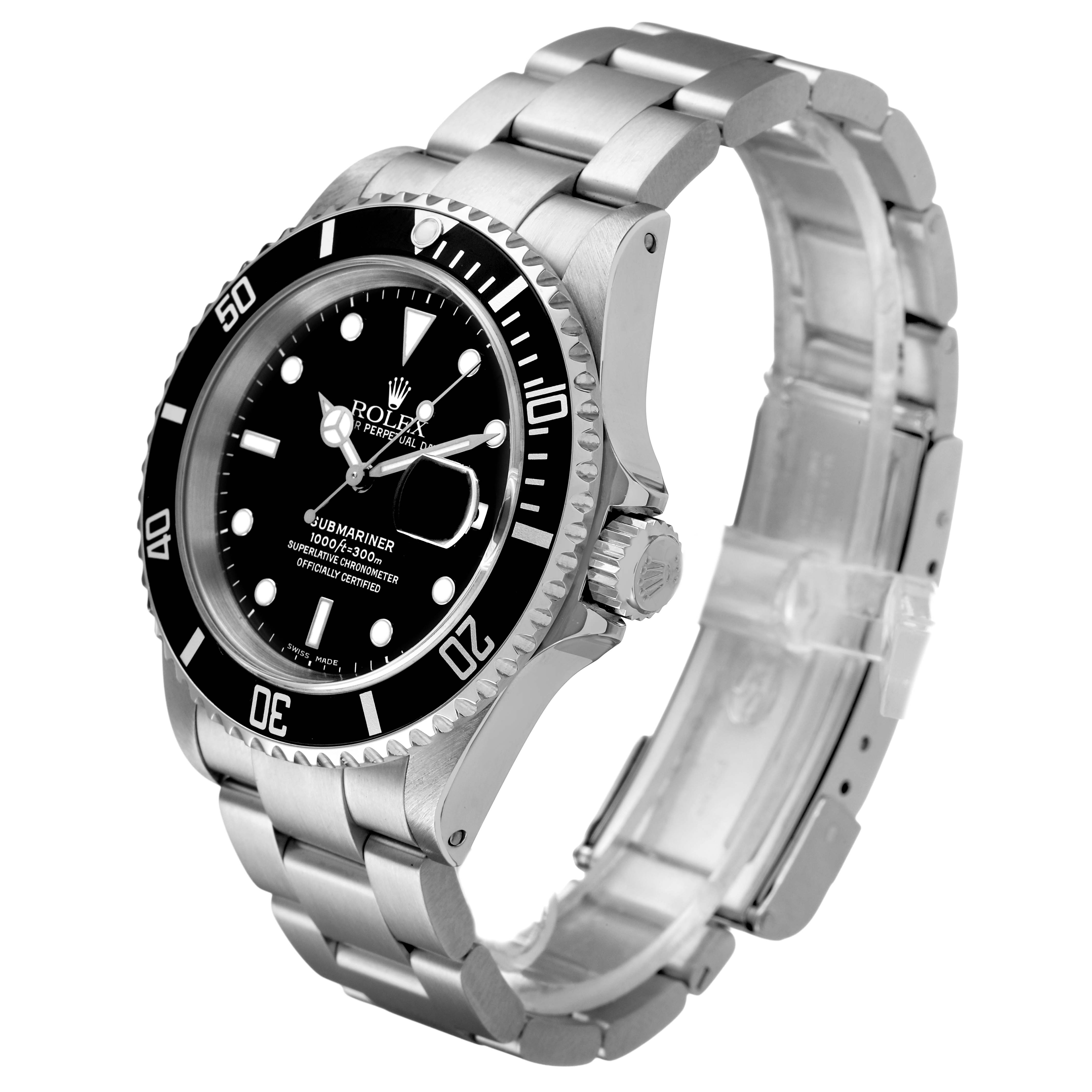 The Rolex Submariner 16610 Men's Stainless Steel Black Dial watch is shown from a side angle, highlighting the bezel, dial, crown, and bracelet.