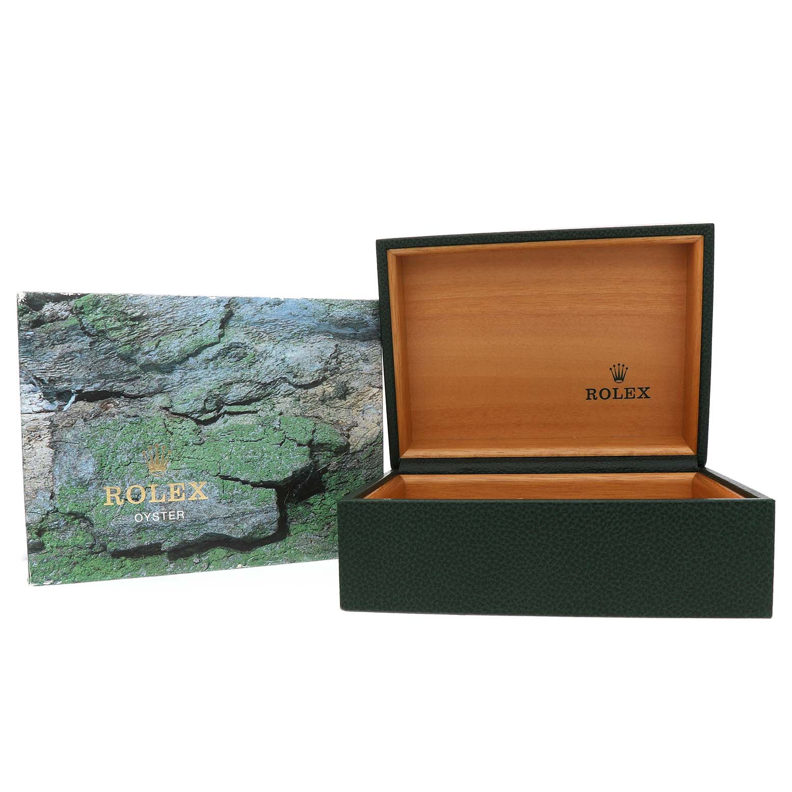 The image displays an open Rolex Submariner 16610 Men's Stainless Steel Black Dial watch box with its outer box beside it.