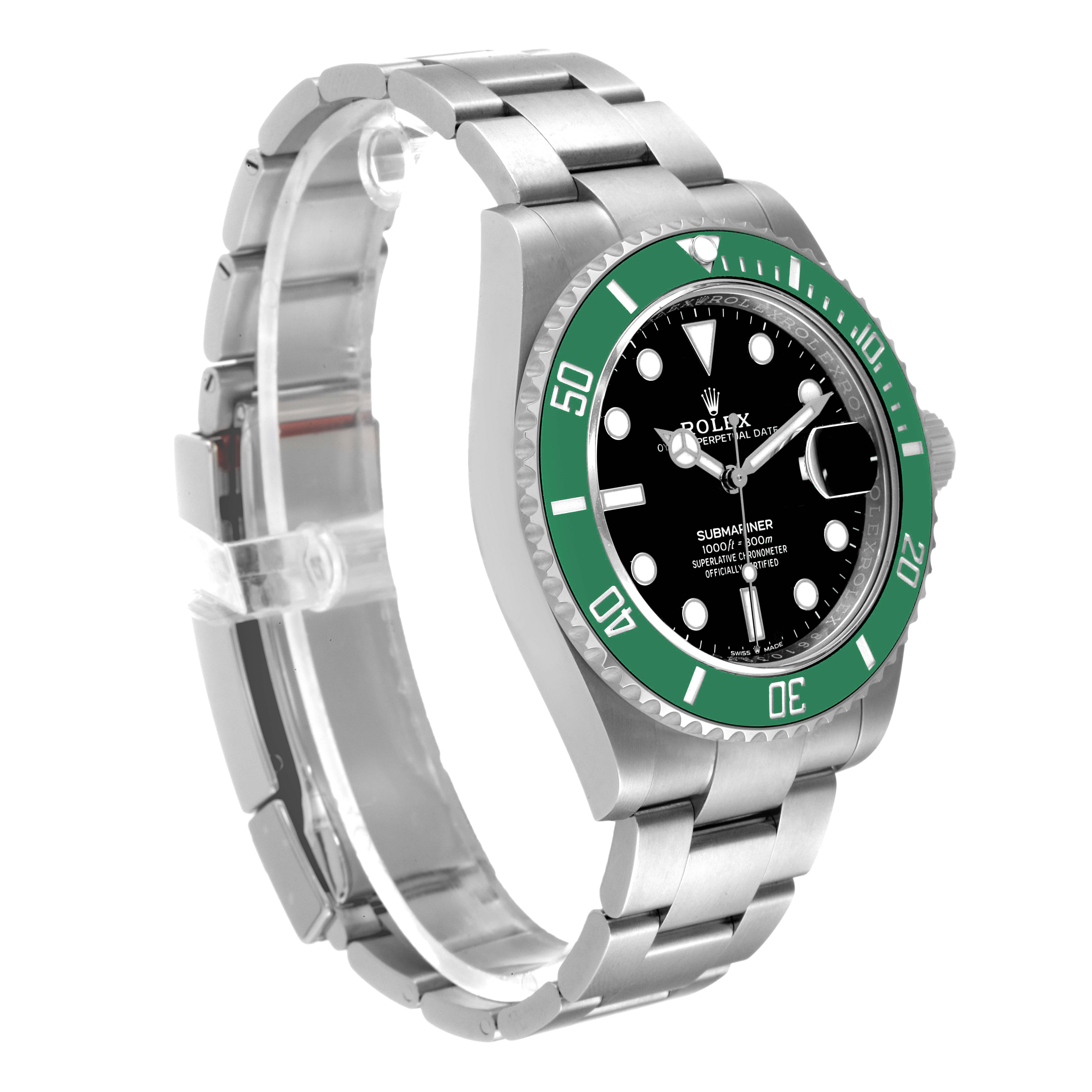 This Rolex Submariner 126610LV Men's Stainless Steel Black Dial 126610LV Men's Stainless Steel Black Dial watch is shown at a three-quarter angle, highlighting its green bezel, black dial, and stainless steel bracelet.