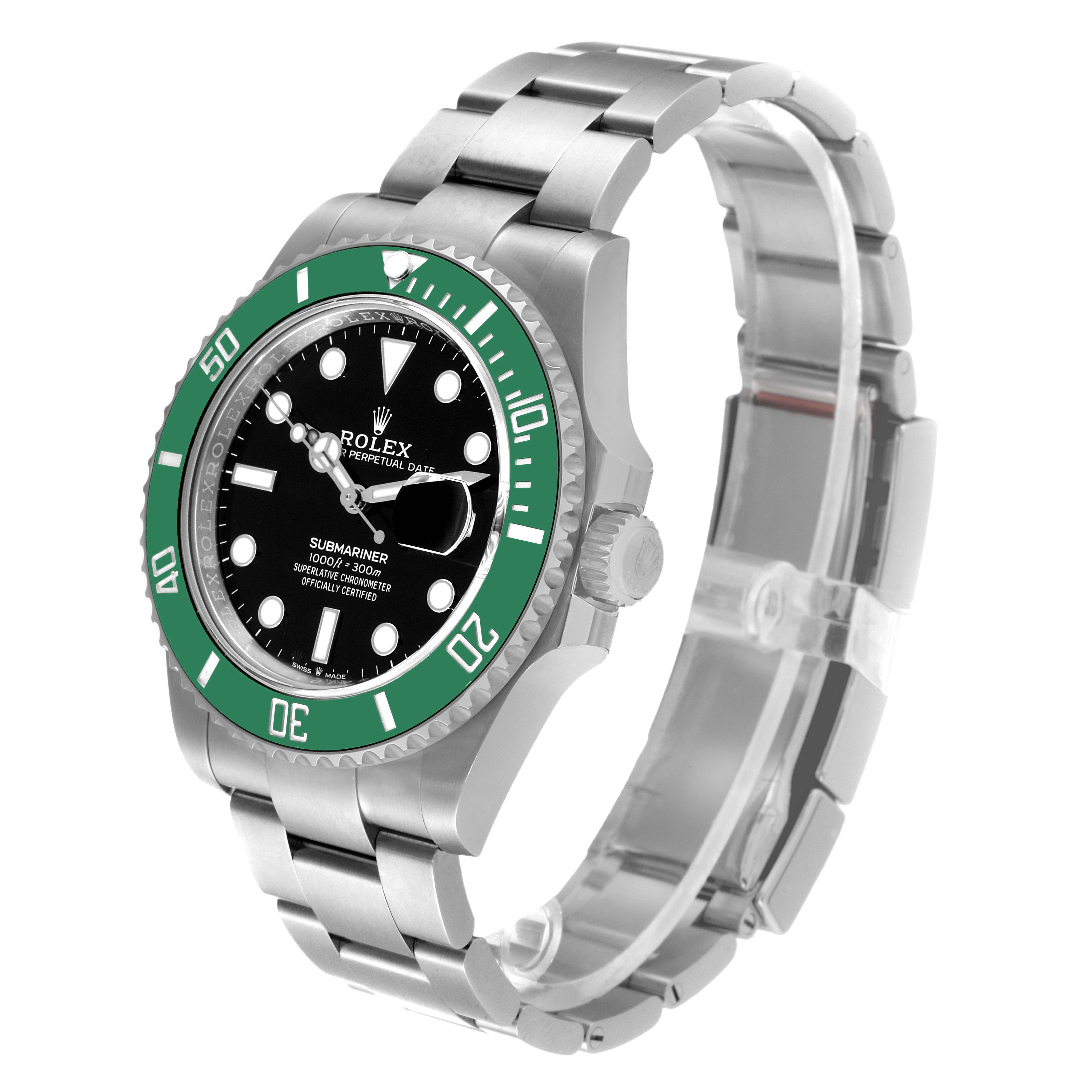 The image shows a side angle view of the Rolex Submariner 126610LV Men's Stainless Steel Black Dial 126610LV Men's Stainless Steel Black Dial watch, featuring the face, bezel, crown, and bracelet.