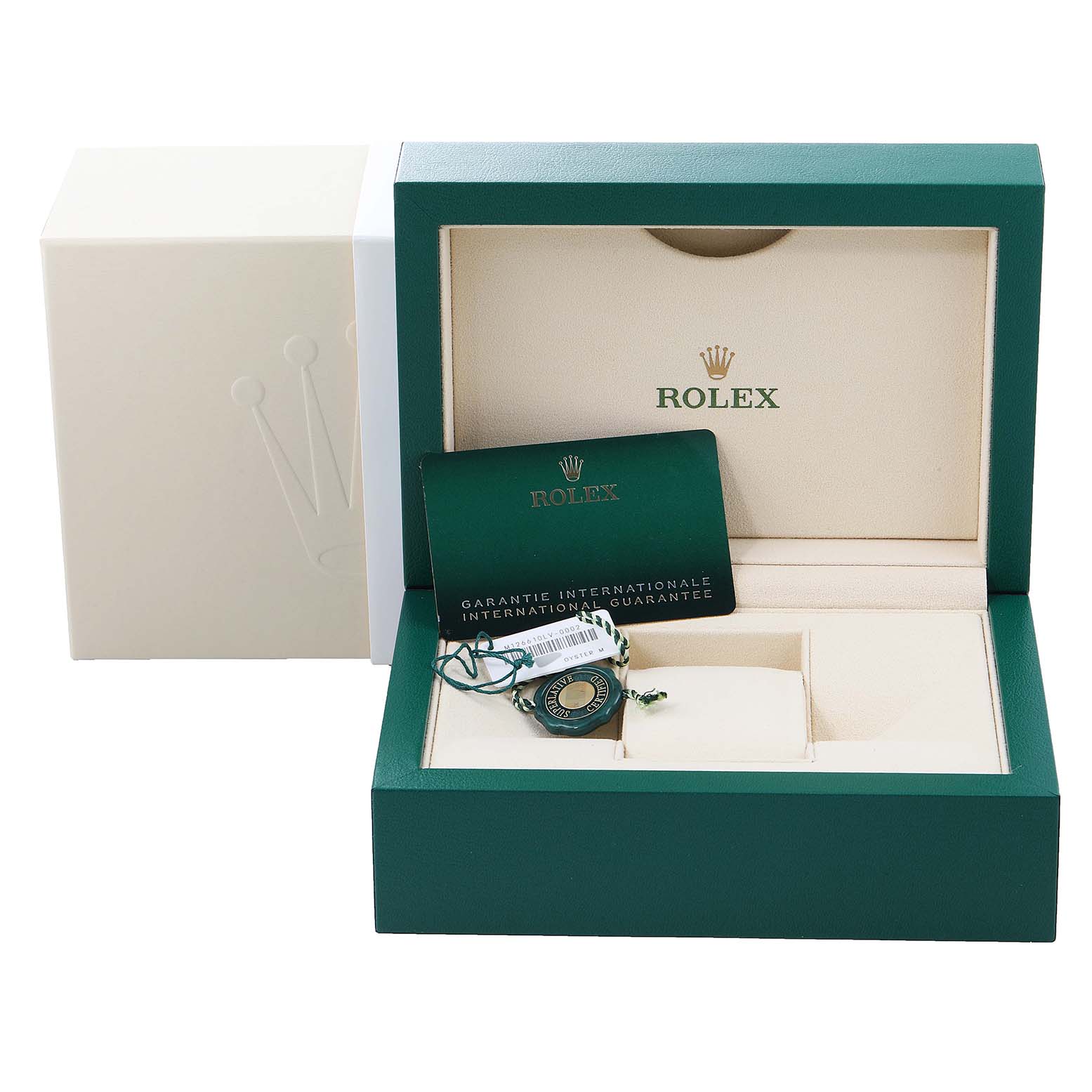 The image shows the packaging, warranty card, and tags of a Rolex Submariner 126610LV Men's Stainless Steel Black Dial 126610LV Men's Stainless Steel Black Dial watch viewed from the front.