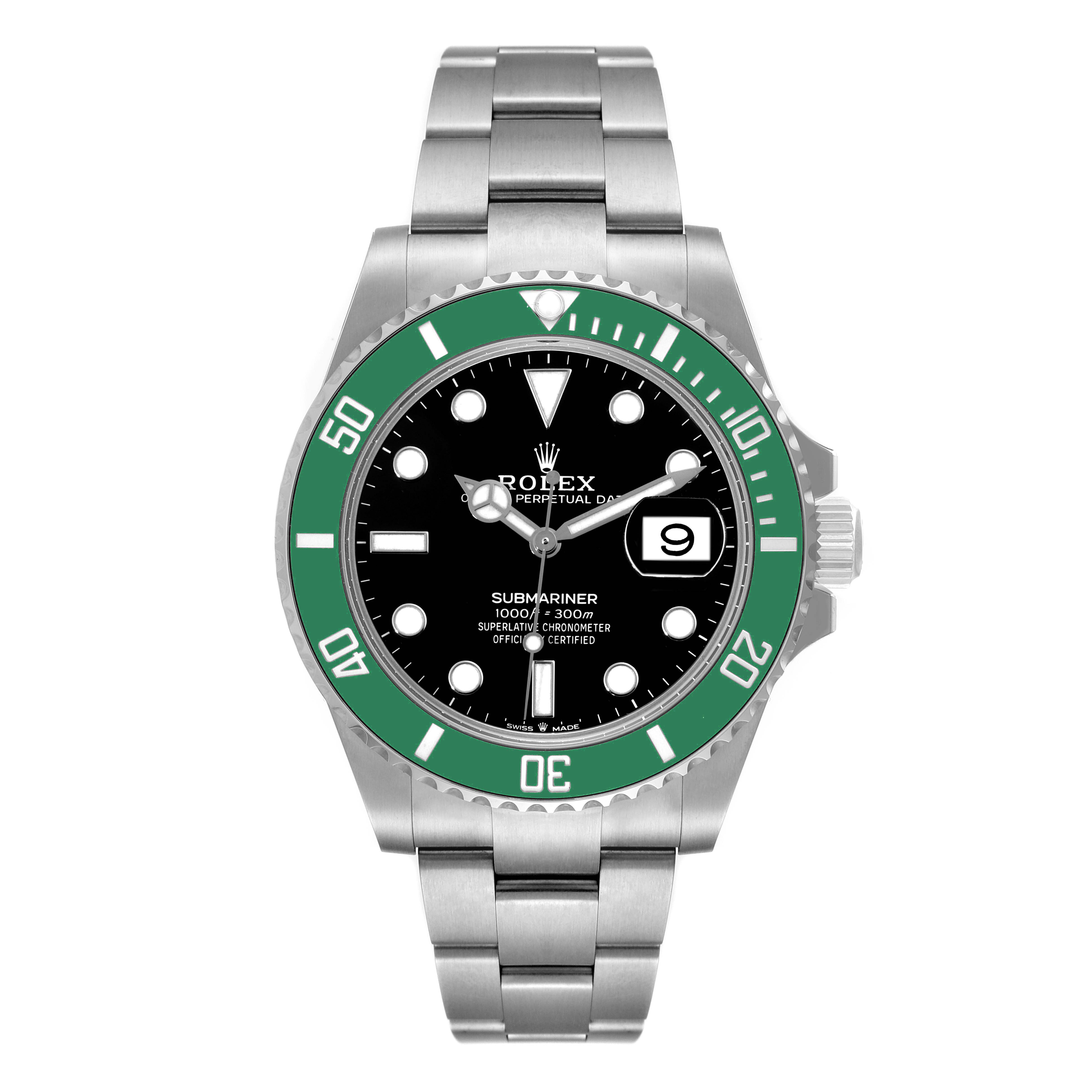 The image shows a front view of a Rolex Submariner 126610LV Men's Stainless Steel Black Dial 126610LV Men's Stainless Steel Black Dial watch with a green bezel and stainless steel bracelet.
