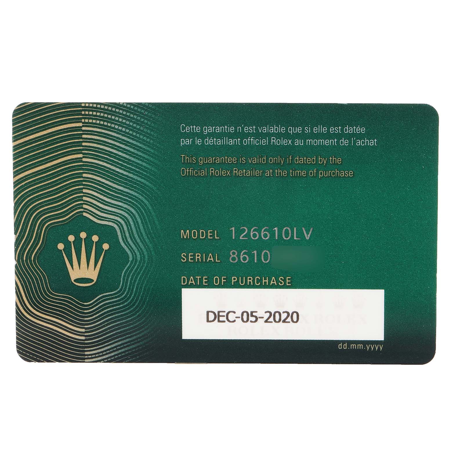 This image shows a warranty card for the Rolex Submariner 126610LV Men's Stainless Steel Black Dial 126610LV Men's Stainless Steel Black Dial model 126610LV, featuring the purchase date of December 5, 2020.