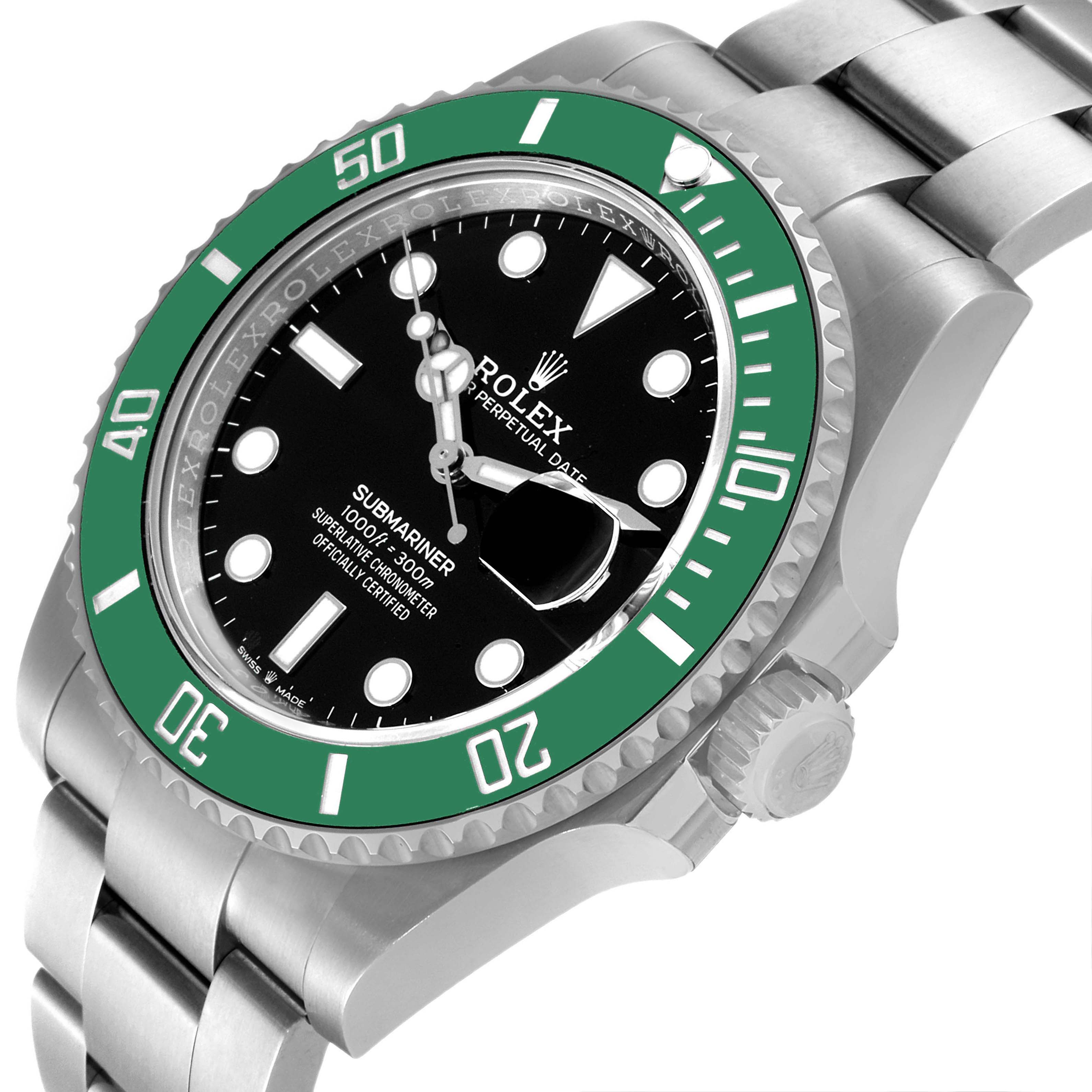 The Rolex Submariner 126610LV Men's Stainless Steel Black Dial 126610LV Men's Stainless Steel Black Dial watch is shown from an angled view, displaying the green bezel, black dial, crown, and part of the metal band.