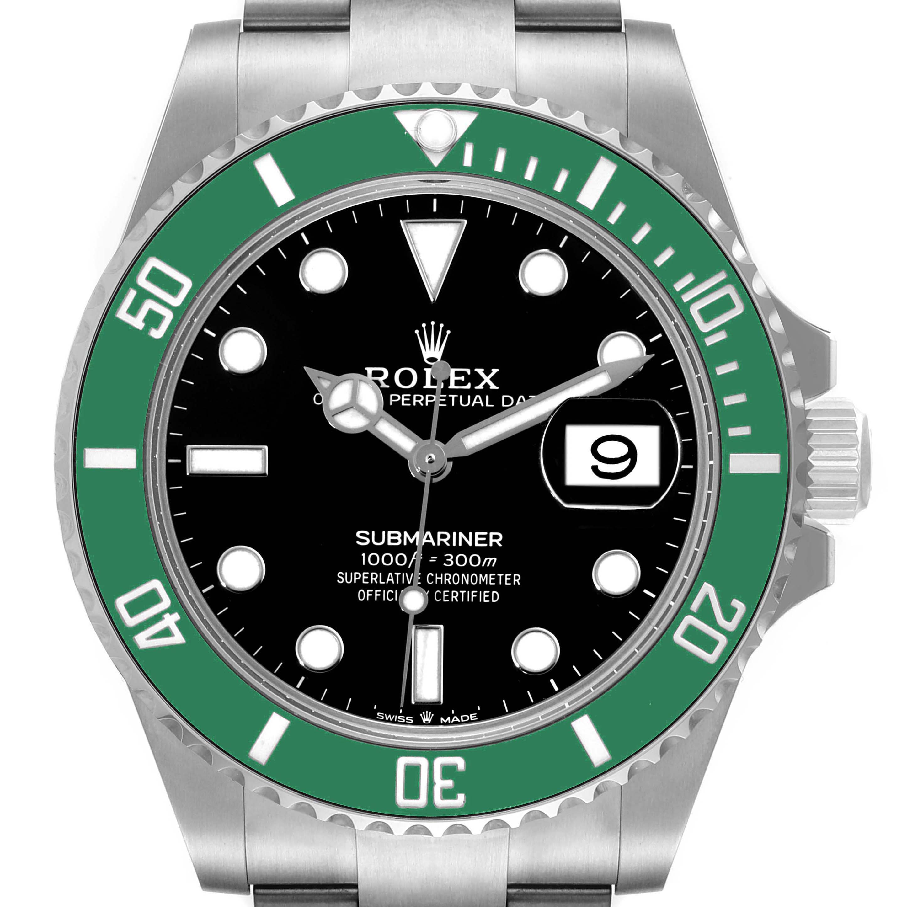 The image shows a front view of the Rolex Submariner 126610LV Men's Stainless Steel Black Dial 126610LV Men's Stainless Steel Black Dial watch, featuring its black dial and green bezel.