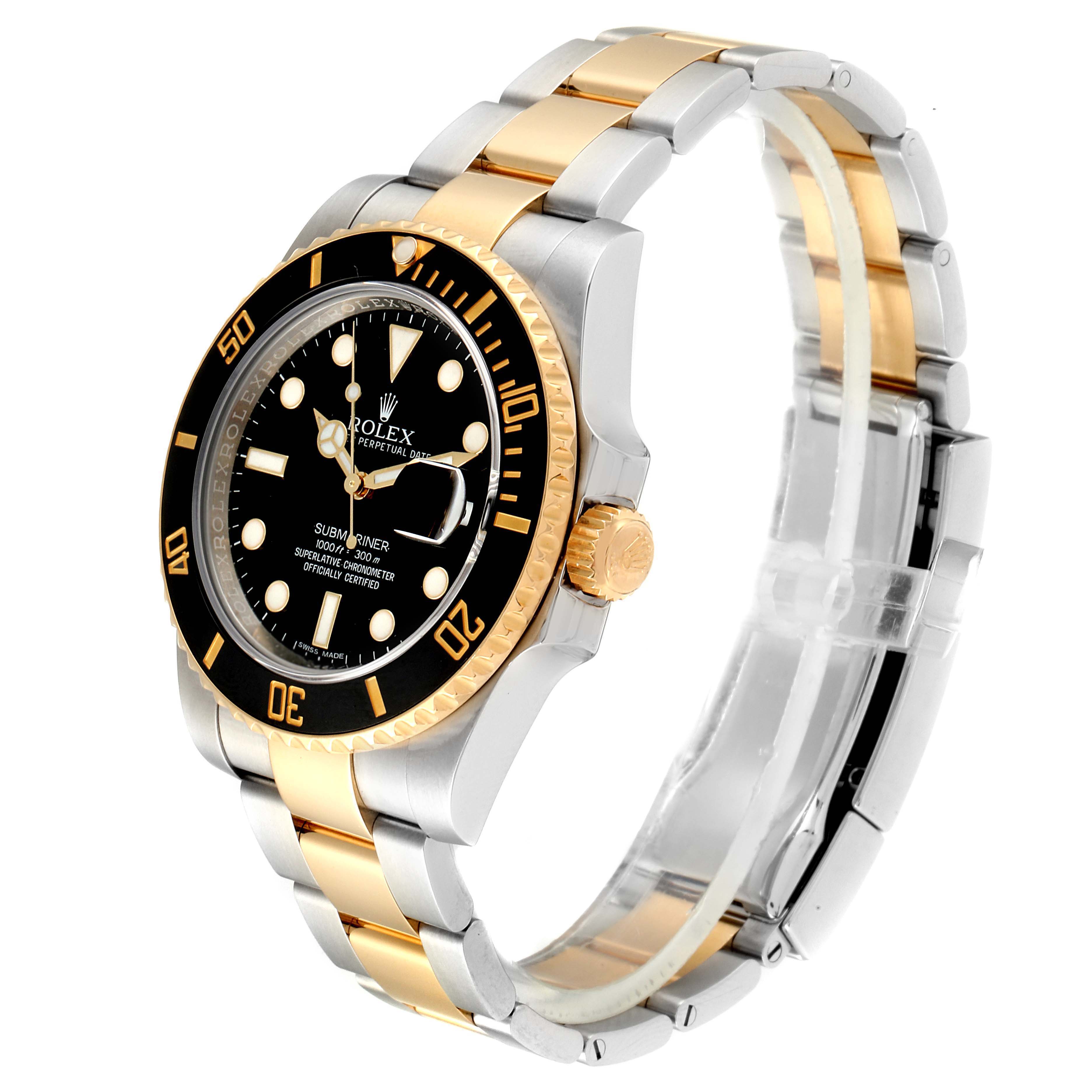 The image shows a side perspective of a Rolex Submariner 116613 Men's Steel and Gold (two tone) Black Dial 116613 Men's Steel and Gold (two tone) Black Dial, highlighting its dial, bezel, and two-tone bracelet.