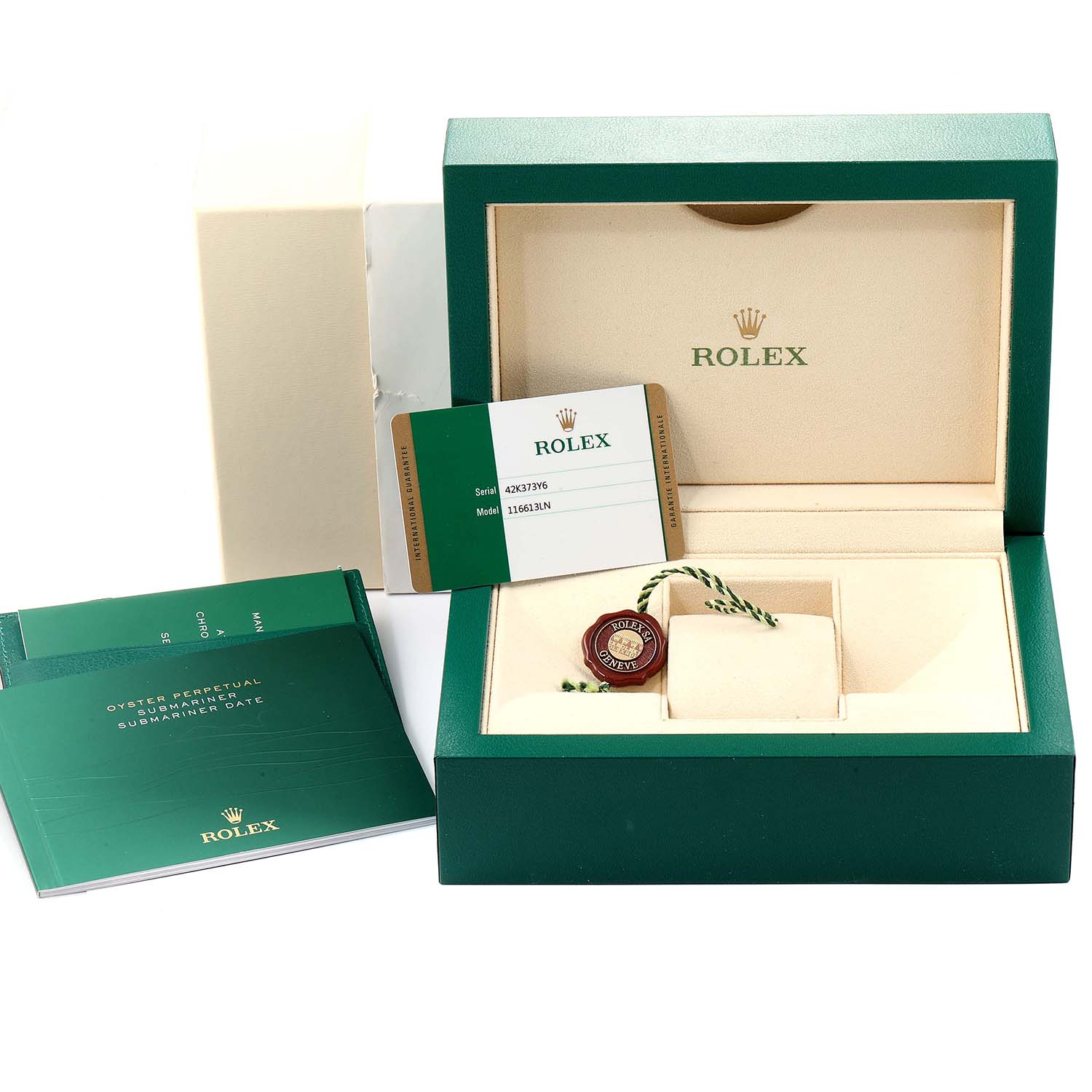 The image shows the packaging, warranty card, and booklets for a Rolex Submariner 116613 Men's Steel and Gold (two tone) Black Dial 116613 Men's Steel and Gold (two tone) Black Dial watch.