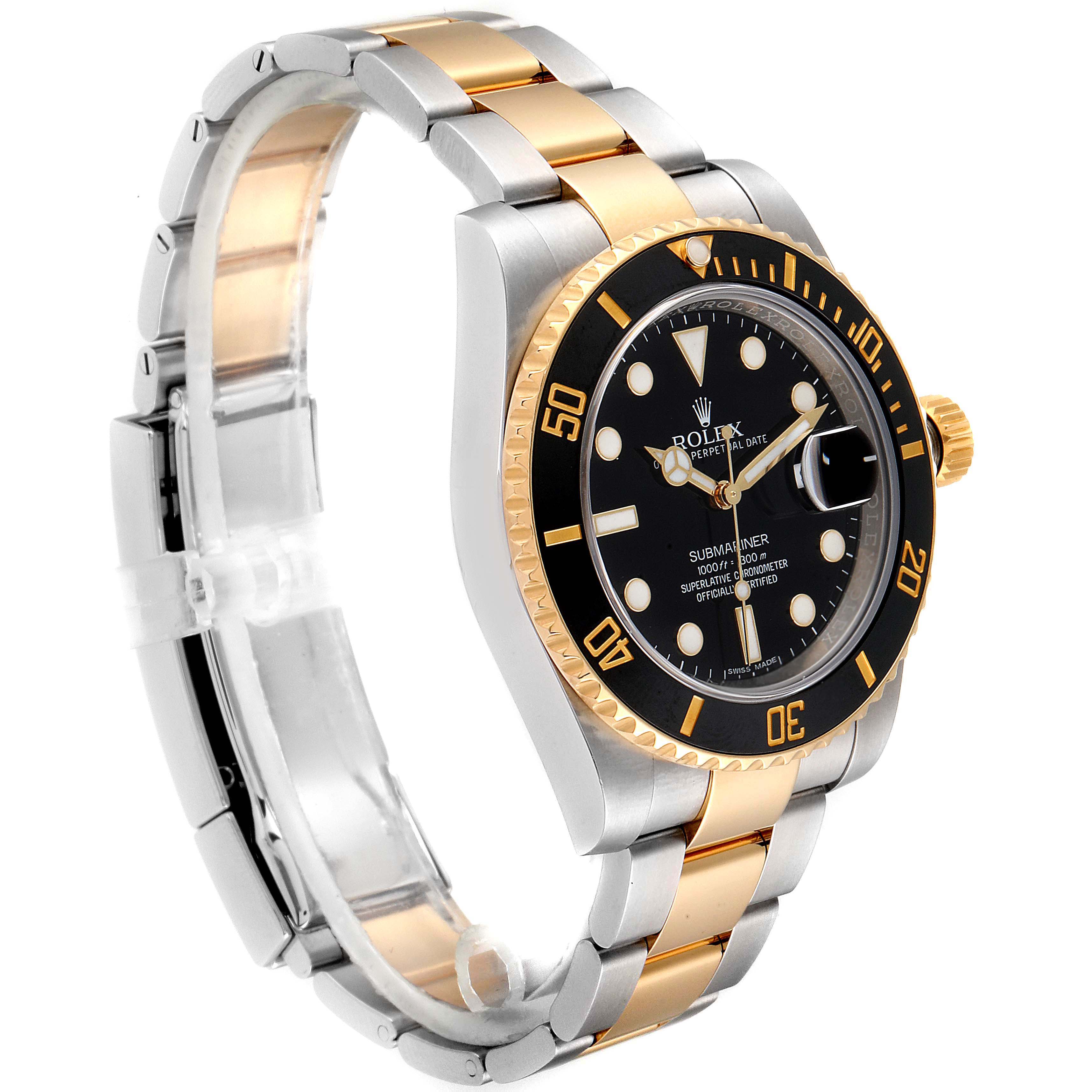 This image shows a side angle view of a Rolex Submariner 116613 Men's Steel and Gold (two tone) Black Dial 116613 Men's Steel and Gold (two tone) Black Dial watch, highlighting its two-tone bracelet, bezel, and dial.
