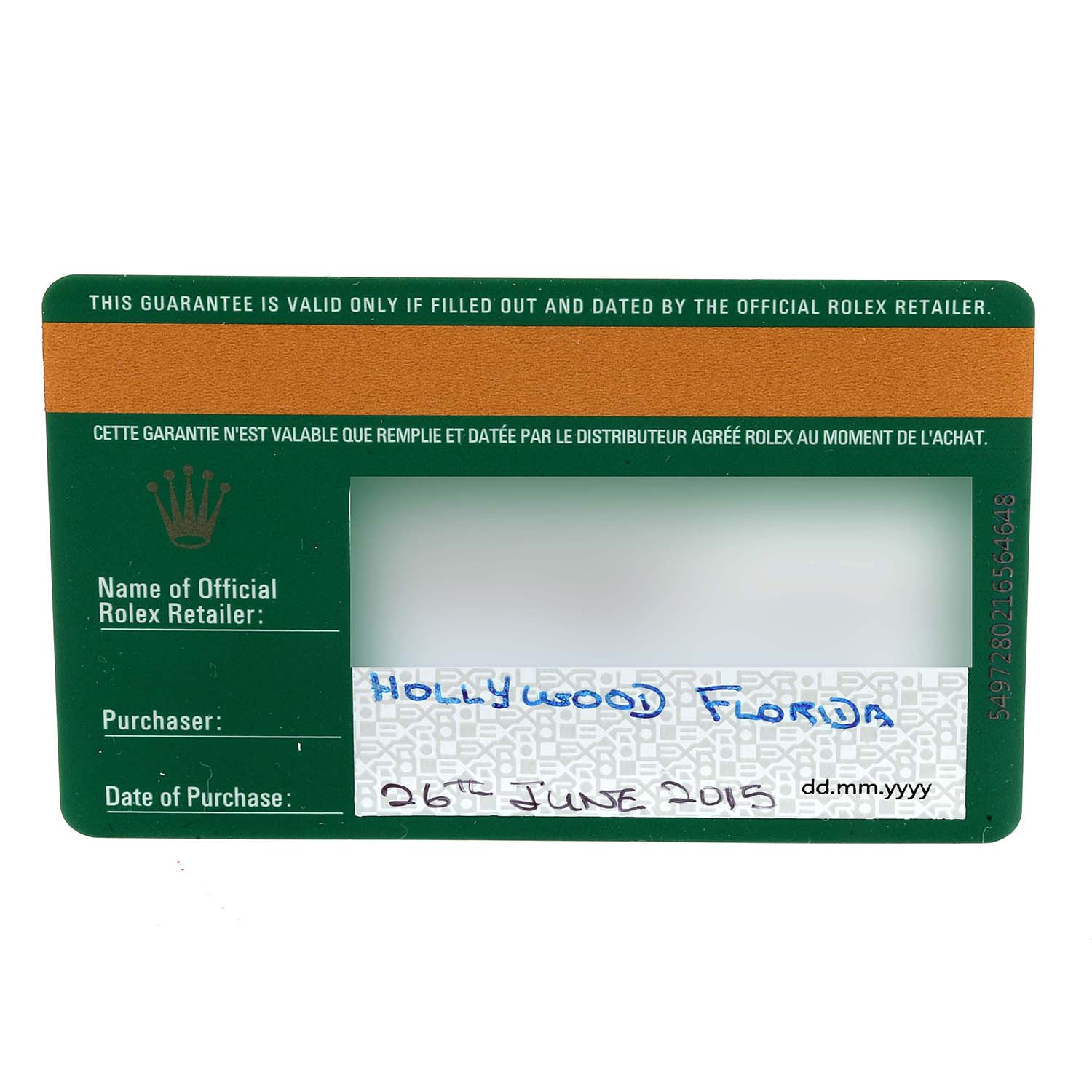 The image shows a guarantee card for a Rolex Submariner 116613 Men's Steel and Gold (two tone) Black Dial 116613 Men's Steel and Gold (two tone) Black Dial watch from Hollywood, Florida, dated 26th June 2015.