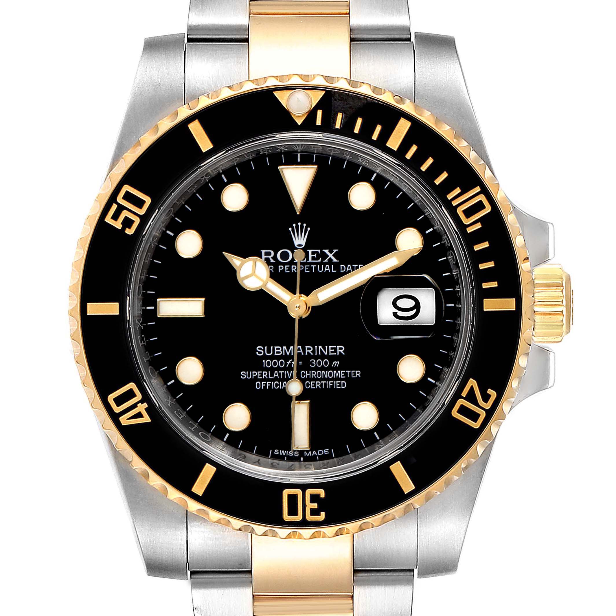 The image shows a frontal view of a Rolex Submariner 116613 Men's Steel and Gold (two tone) Black Dial 116613 Men's Steel and Gold (two tone) Black Dial watch, highlighting its dial, bezel, date window, and bracelet.