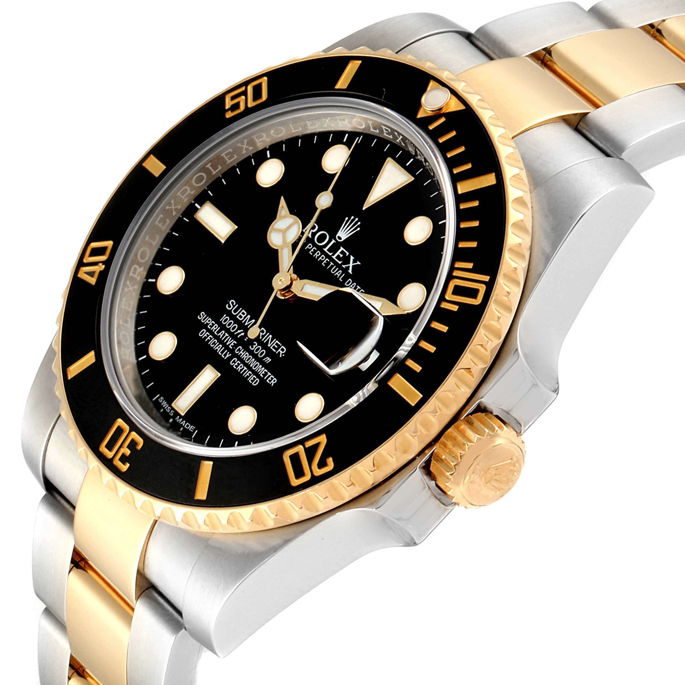 The photo shows a close-up angle of the Rolex Submariner 116613 Men's Steel and Gold (two tone) Black Dial 116613 Men's Steel and Gold (two tone) Black Dial, highlighting the bezel, face, and part of the bracelet.