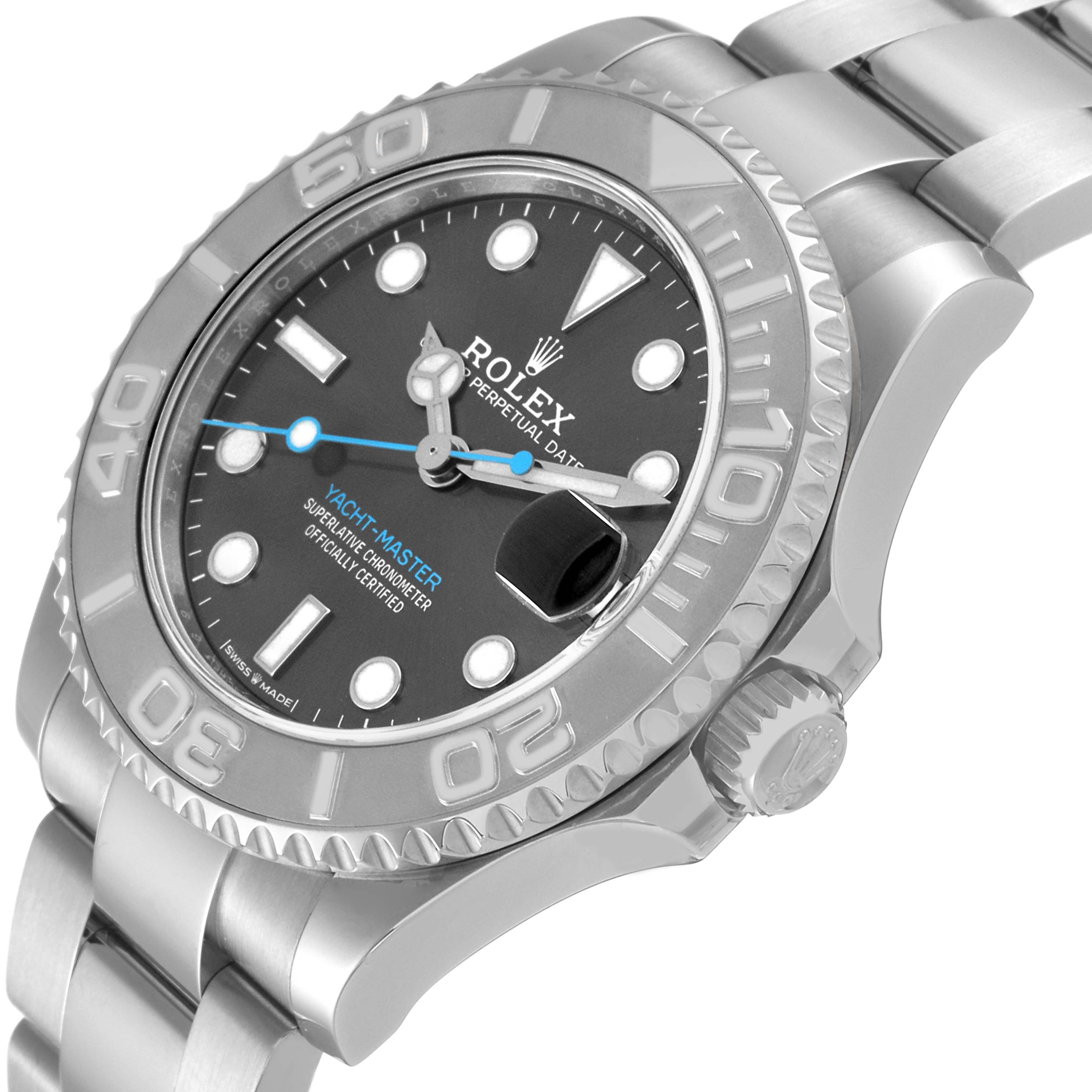 This image shows a side and angled top view of a Rolex Yacht-Master 268622 Men's Stainless Steel Grey Dial 268622 Men's Stainless Steel Grey Dial watch, highlighting its dial, bezel, and bracelet.