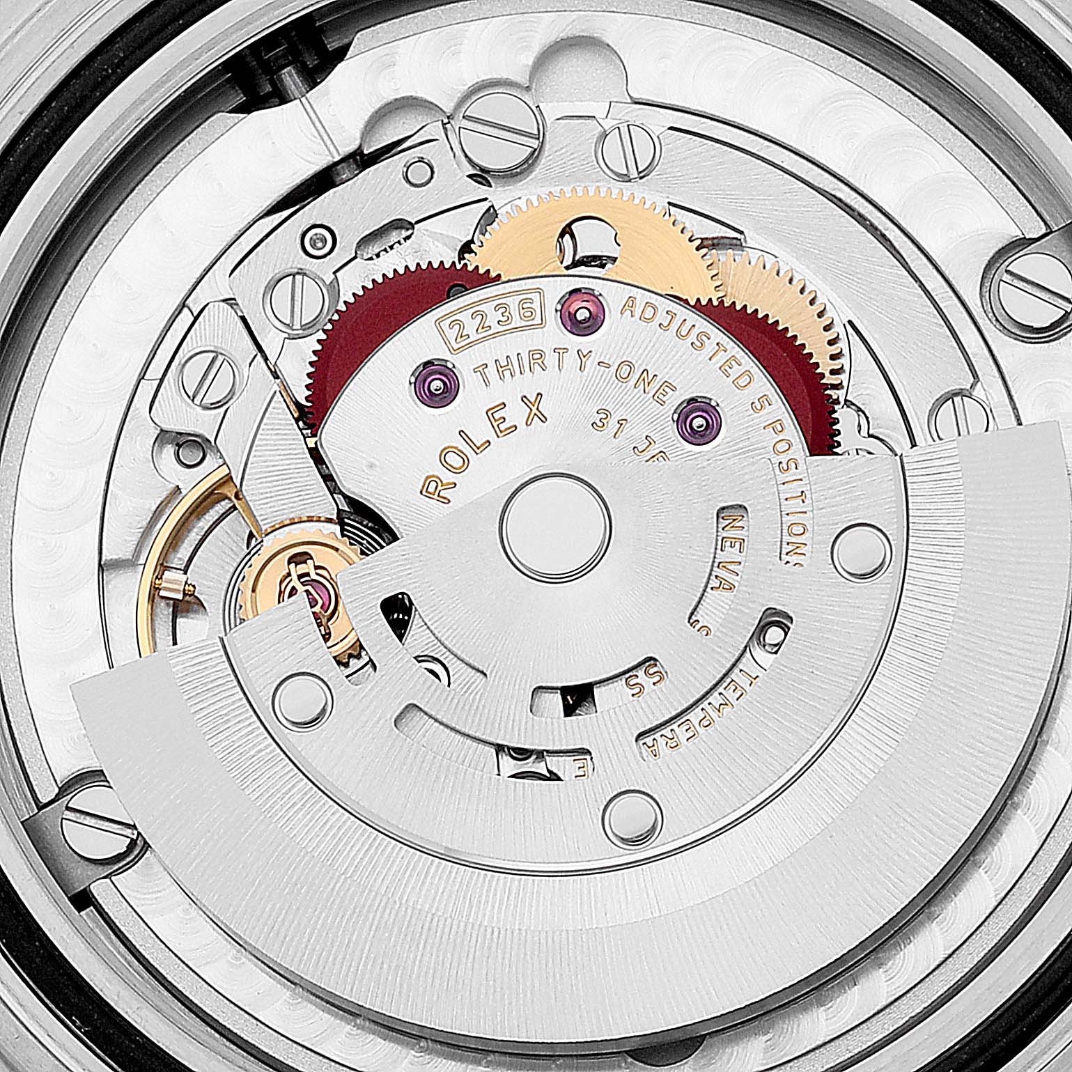 The image shows the inner movement components of a Rolex Yacht-Master 268622 Men's Stainless Steel Grey Dial 268622 Men's Stainless Steel Grey Dial watch viewed from the back.