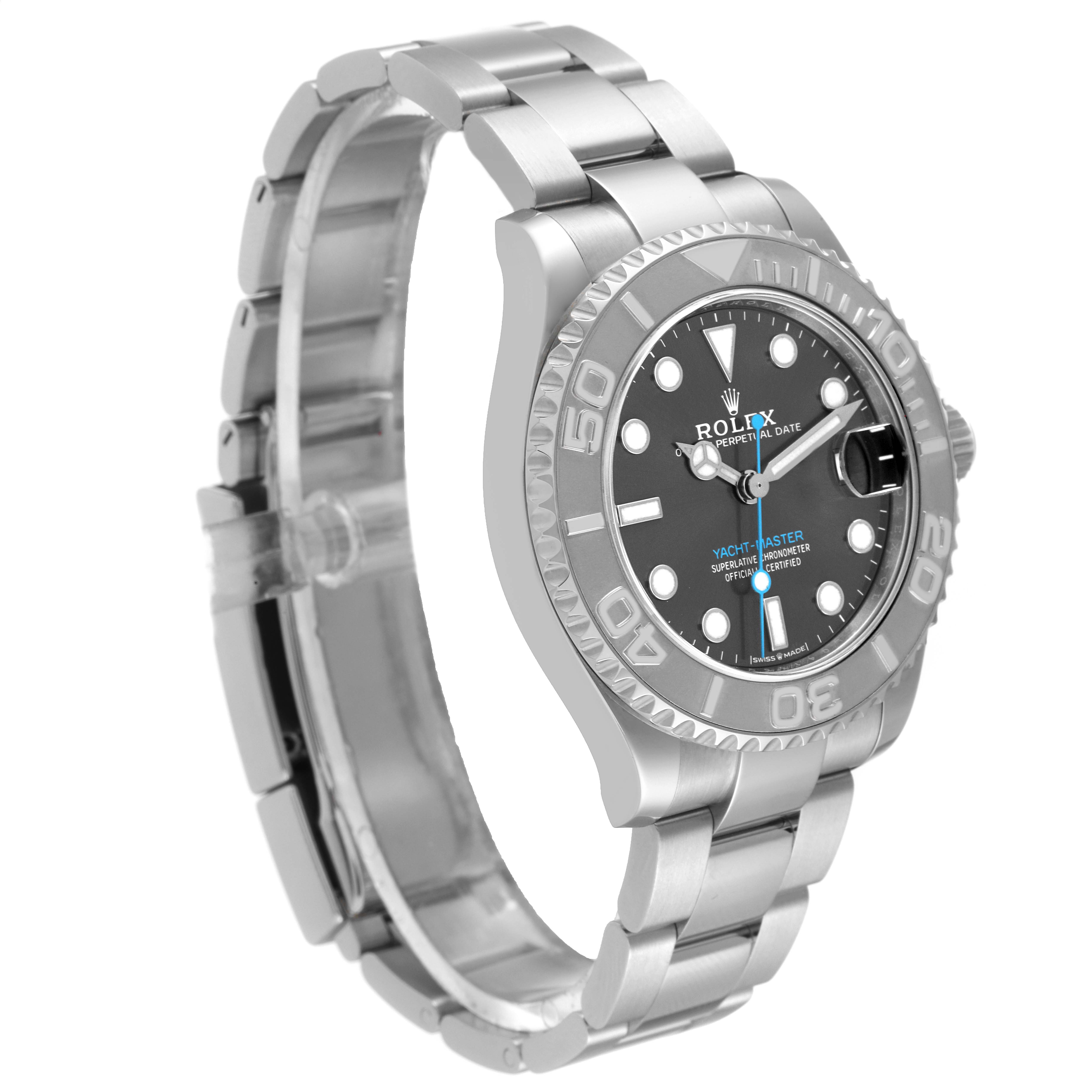 The image shows a side angle of a Rolex Yacht-Master 268622 Men's Stainless Steel Grey Dial 268622 Men's Stainless Steel Grey Dial watch, highlighting the dial, bezel, and bracelet.