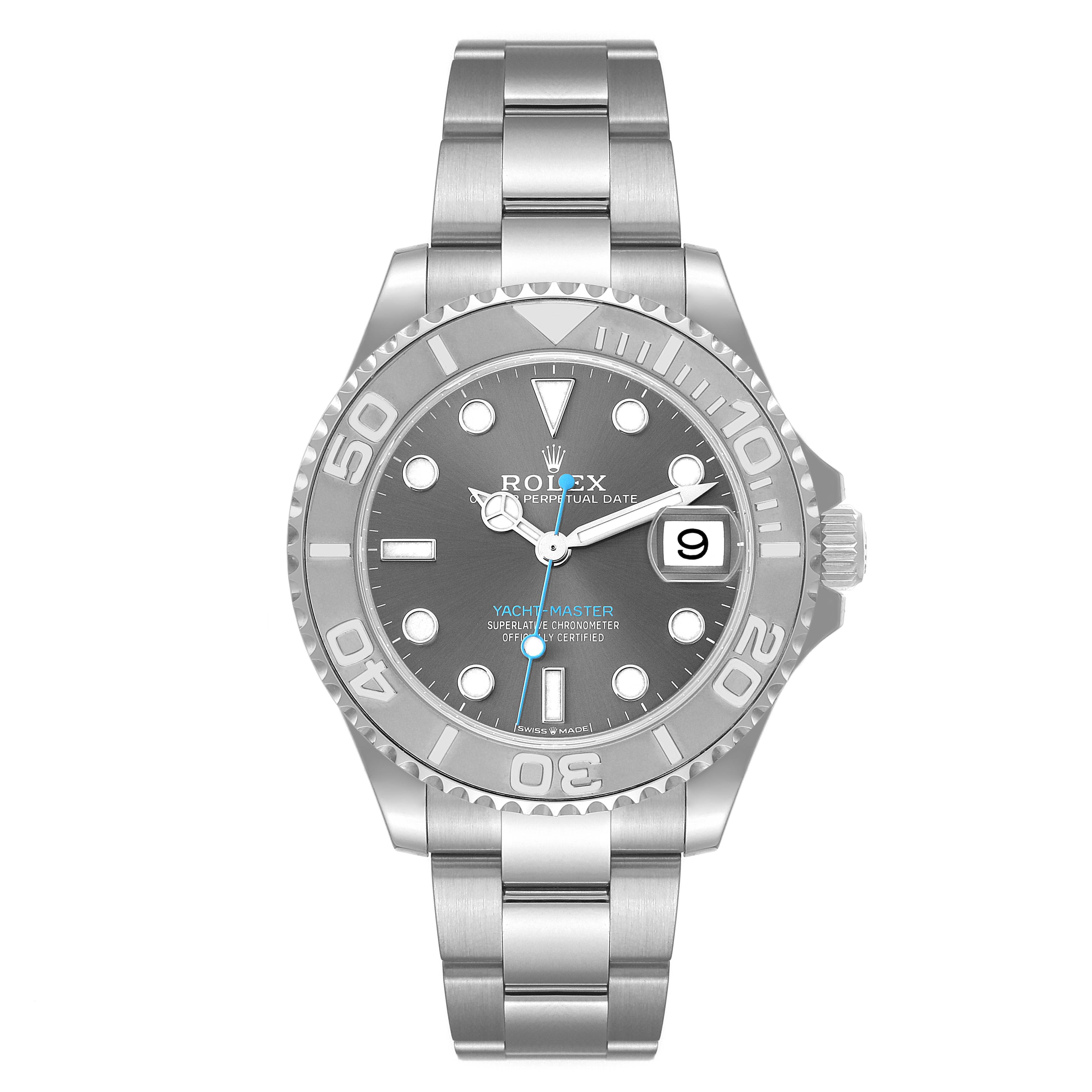 The image shows a front view of a Rolex Yacht-Master 268622 Men's Stainless Steel Grey Dial 268622 Men's Stainless Steel Grey Dial watch, highlighting its dial, bezel, bracelet, and date display.