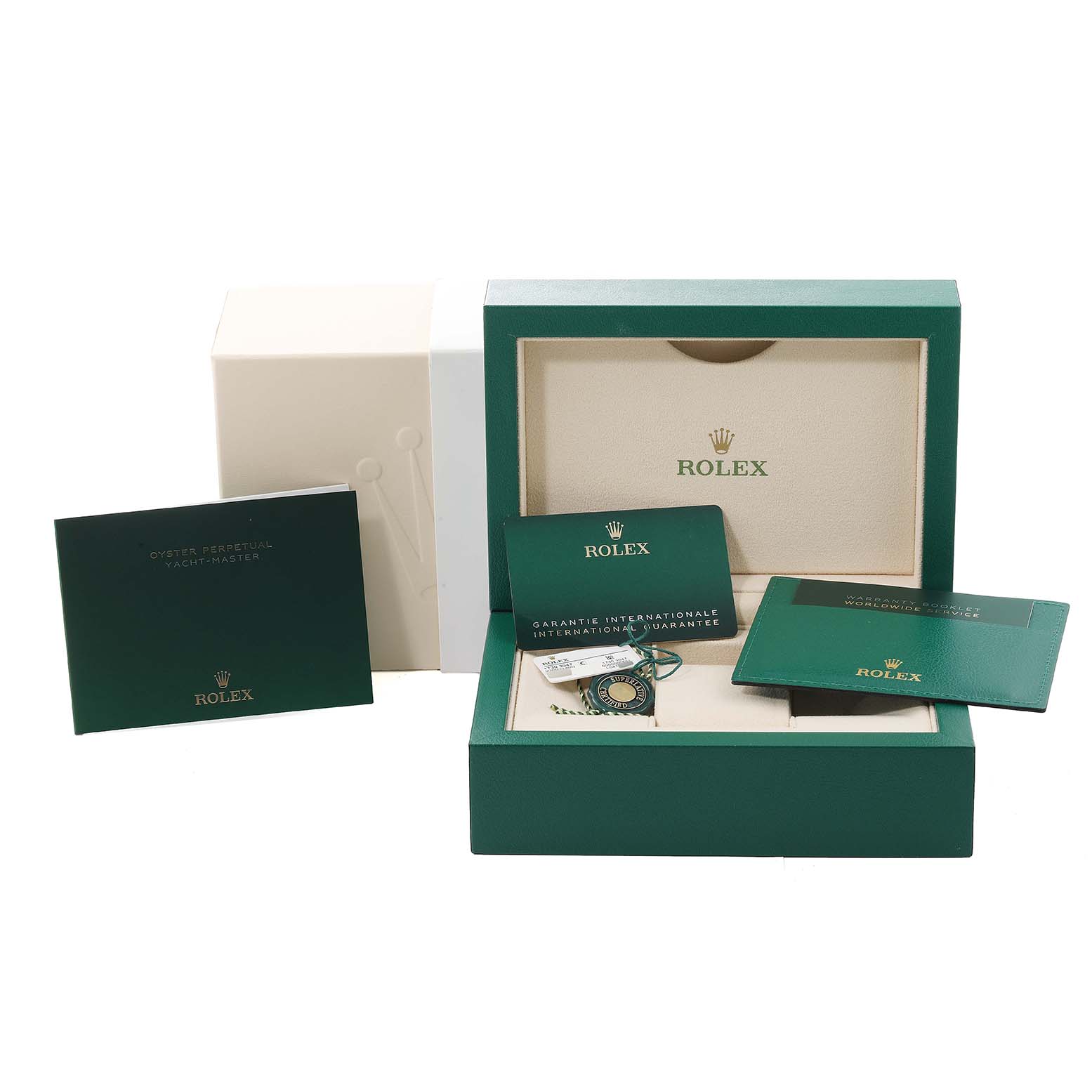 The image shows the packaging, warranty cards, tag, and manuals for the Rolex Yacht-Master 268622 Men's Stainless Steel Grey Dial 268622 Men's Stainless Steel Grey Dial watch.