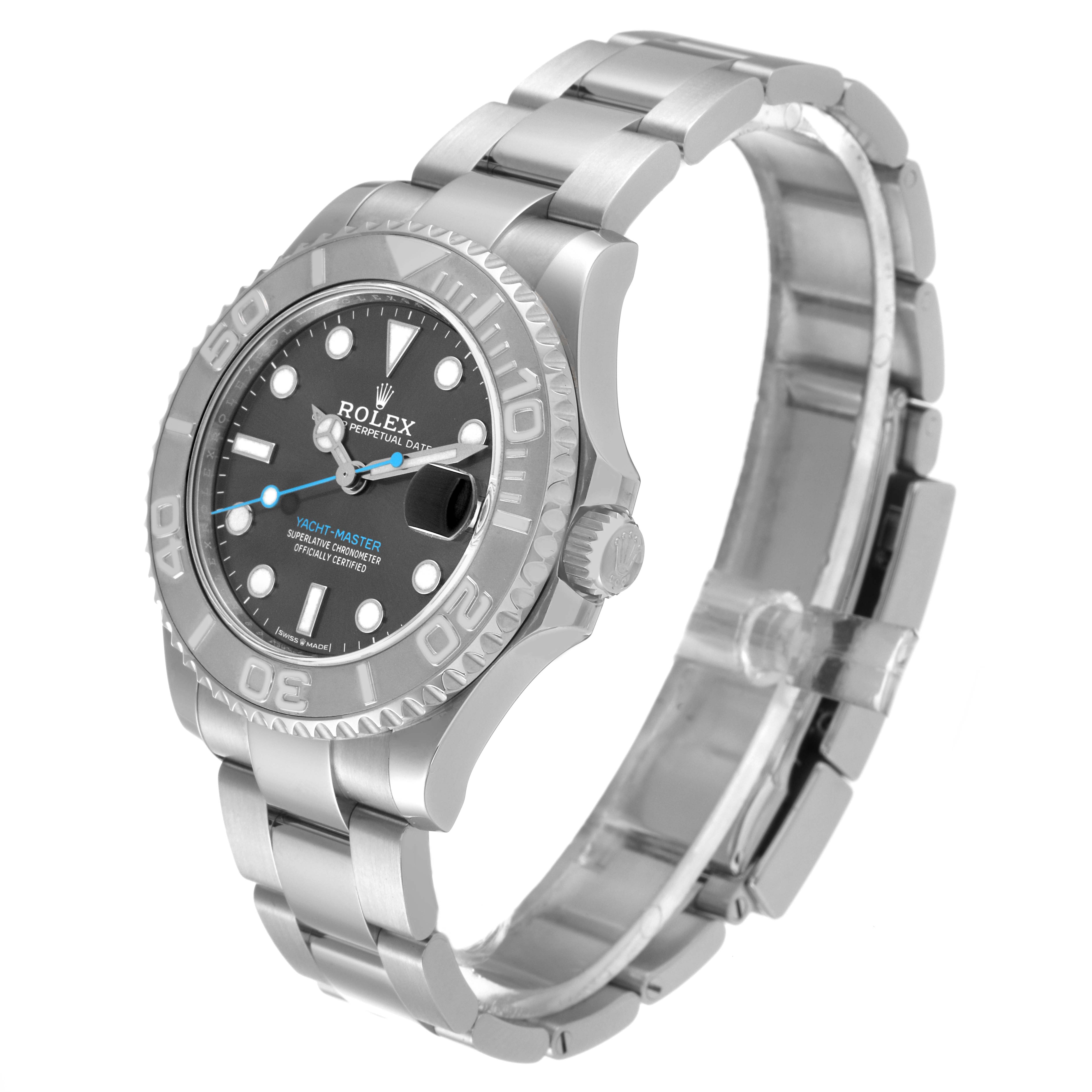 The Rolex Yacht-Master 268622 Men's Stainless Steel Grey Dial 268622 Men's Stainless Steel Grey Dial watch is shown from a slight right angle, displaying the face, bezel, and metal bracelet.