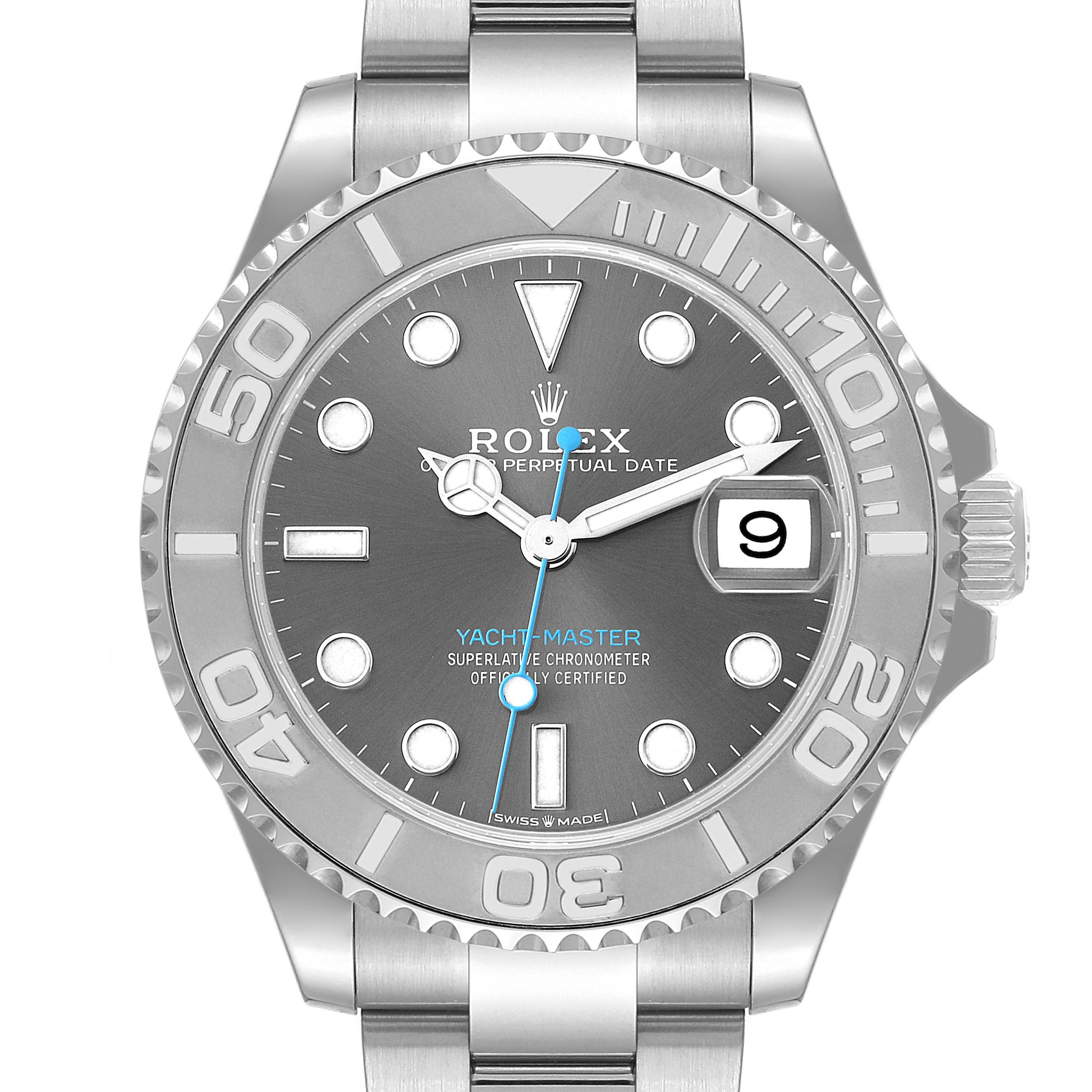 The image shows a front view of the Rolex Yacht-Master 268622 Men's Stainless Steel Grey Dial 268622 Men's Stainless Steel Grey Dial watch, highlighting the dial, bezel, and bracelet.