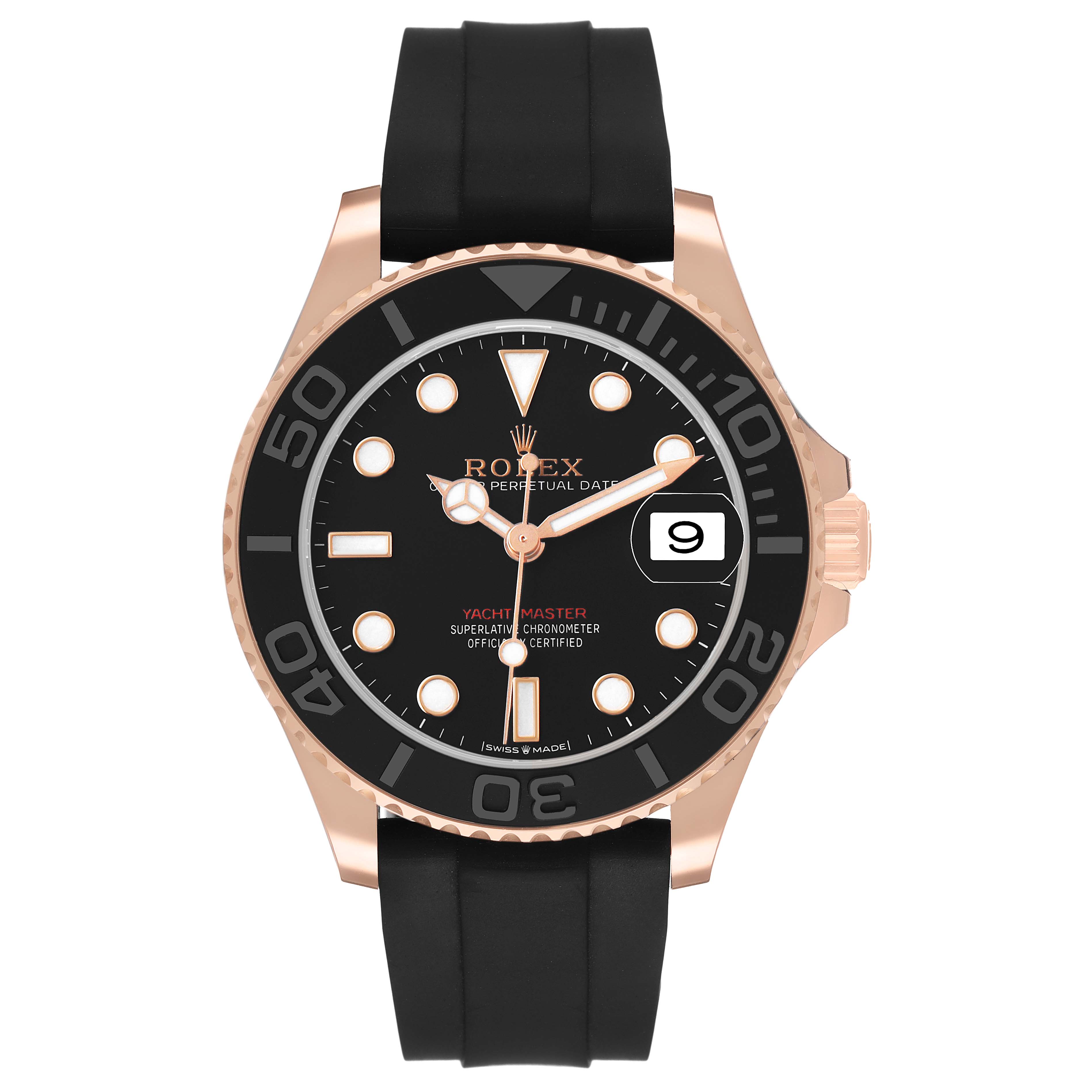 The Rolex Yacht-Master 268655 Men's Rose Gold Black Dial watch is shown from a front angle, highlighting the dial, bezel, case, and strap.