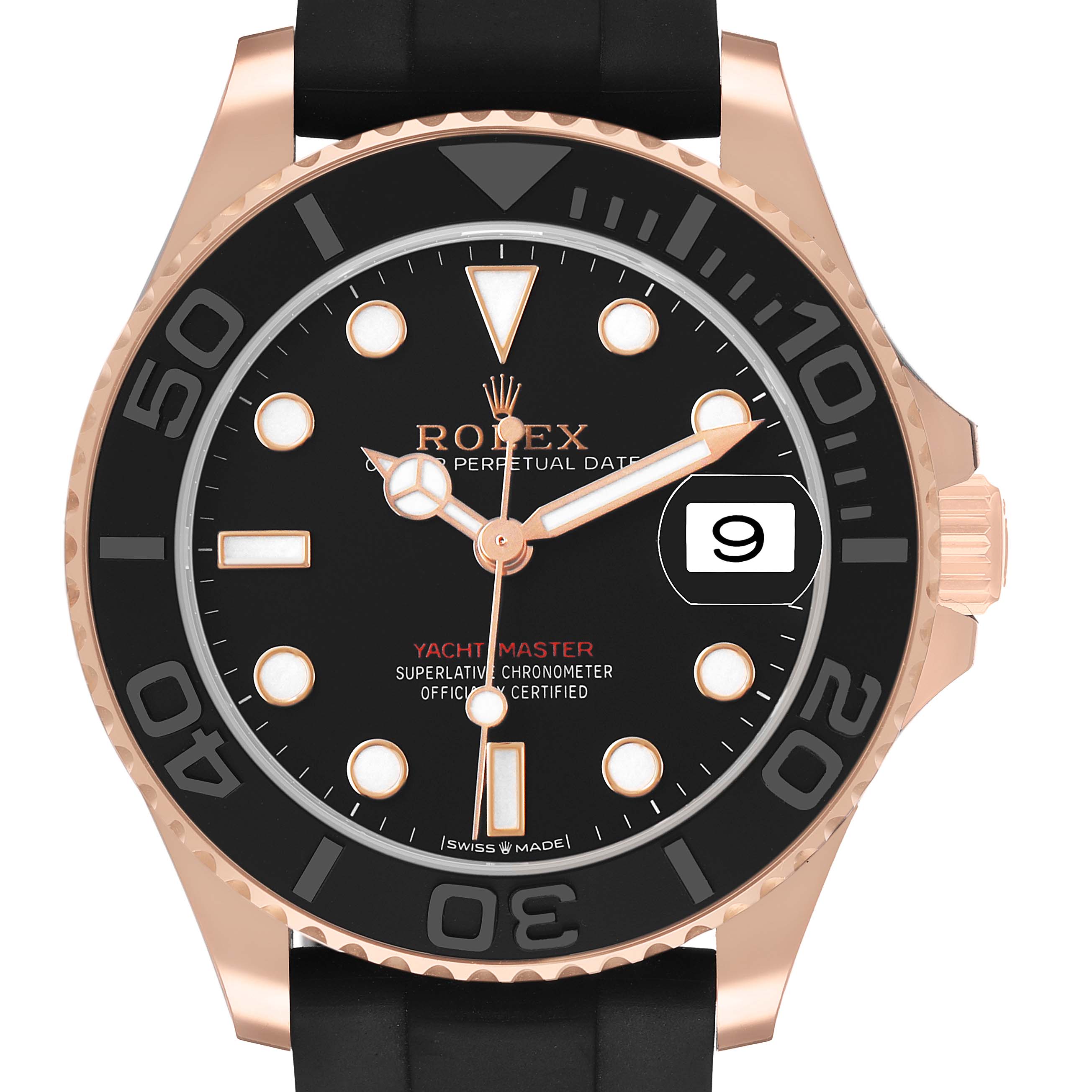 The Rolex Yacht-Master 268655 Men's Rose Gold Black Dial is shown from the front, highlighting the dial, bezel, hands, and date window at 3 o'clock.