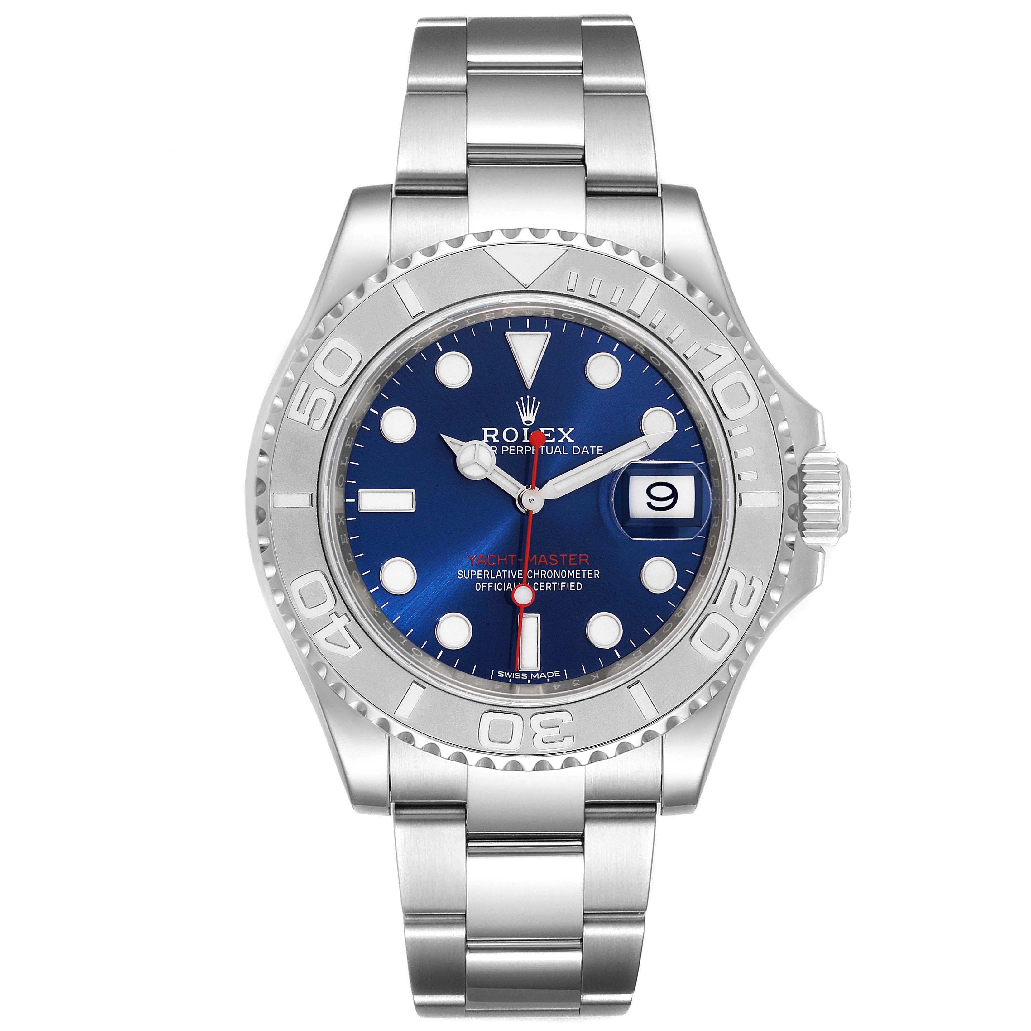 The Rolex Yacht-Master 116622 Men
s Stainless Steel Blue Dial 116622 Men
s Stainless Steel Blue Dial watch is shown from a front angle, displaying the dial, bezel, and part of the bracelet.